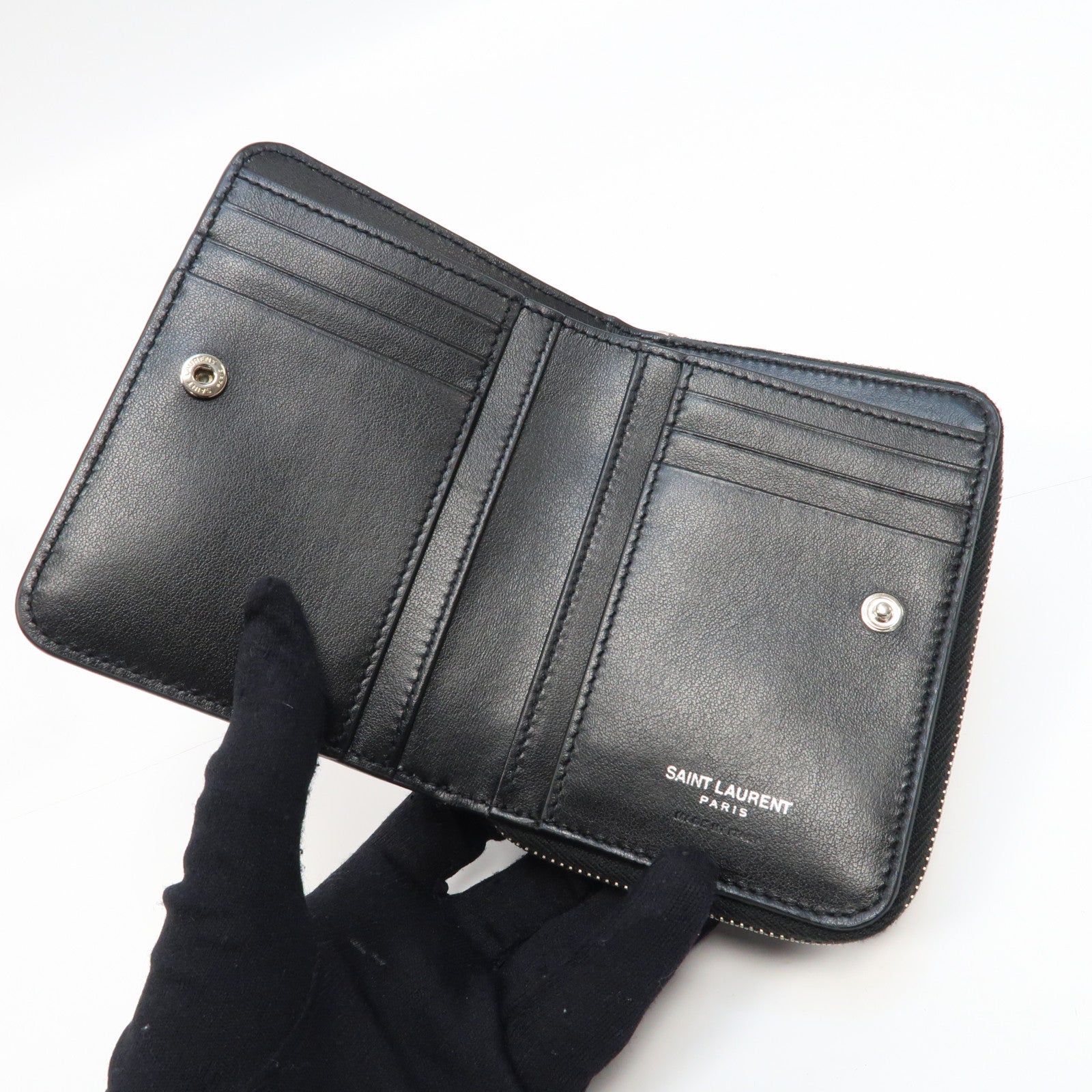 SAINT LAURENT 皮革Wallet銀扣錢包黑色