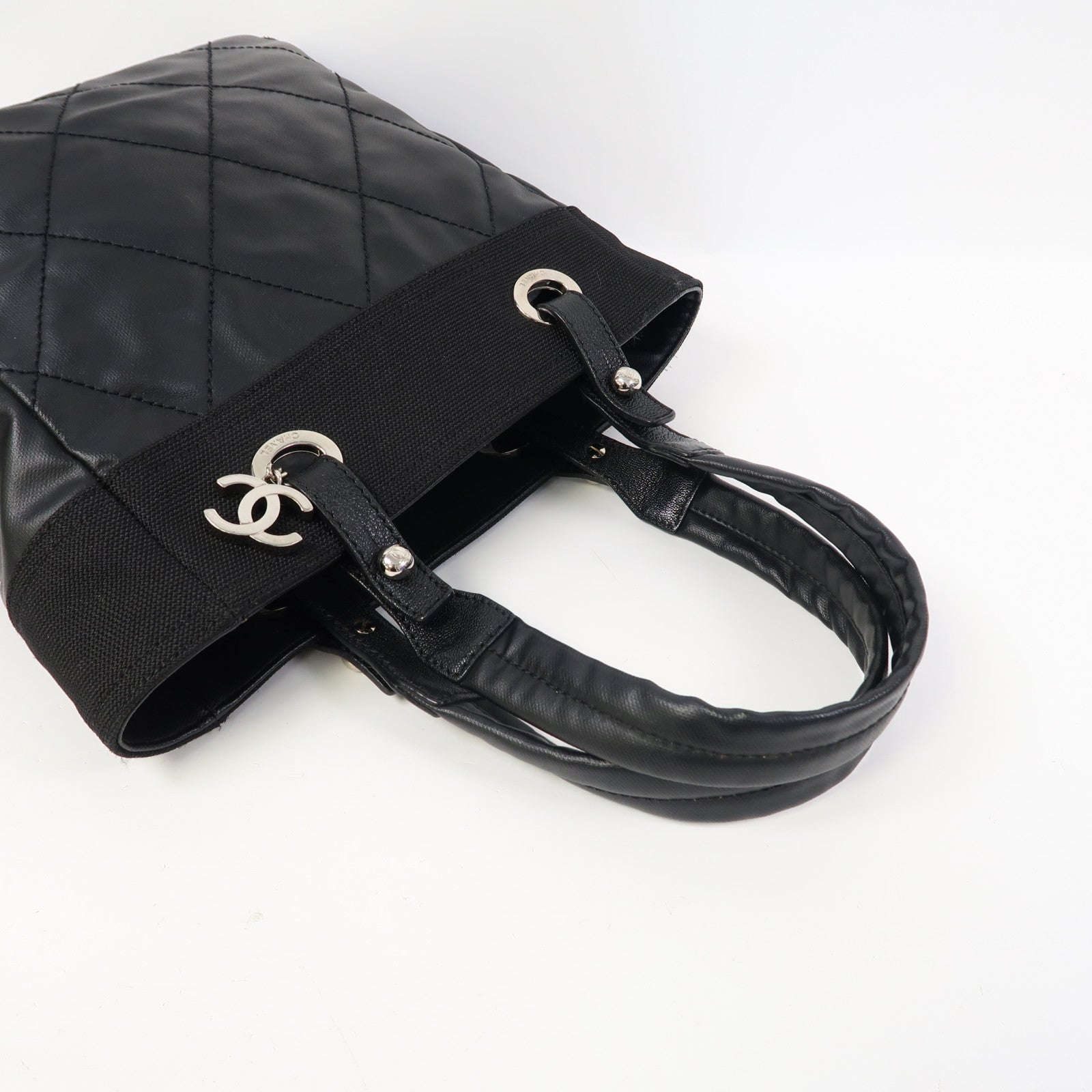 CHANEL 菱格牛皮皮革Handbag銀扣手挽袋黑色