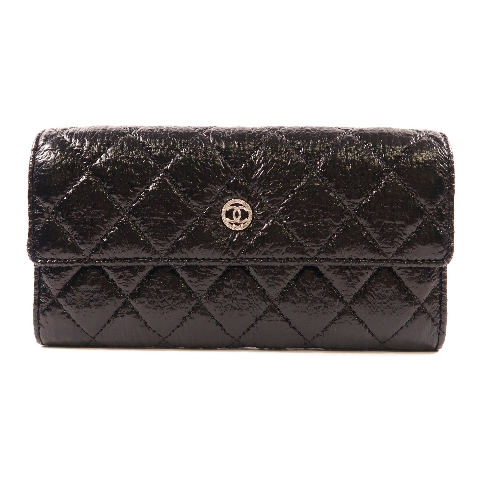 CHANEL 牛皮皮革Long Wallet銀扣長錢包黑色