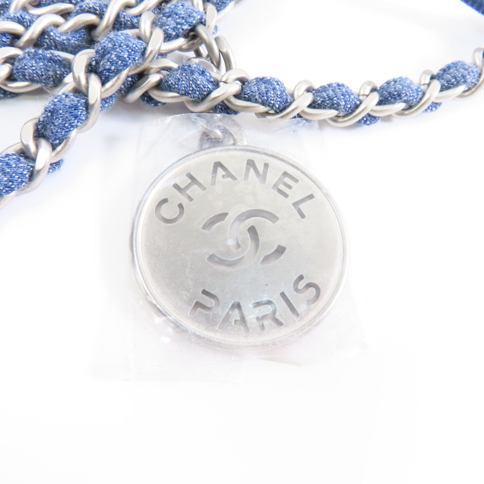 CHANEL 菱格牛仔布Chanel 22 Mini銀扣手挽肩背兩用袋藍色