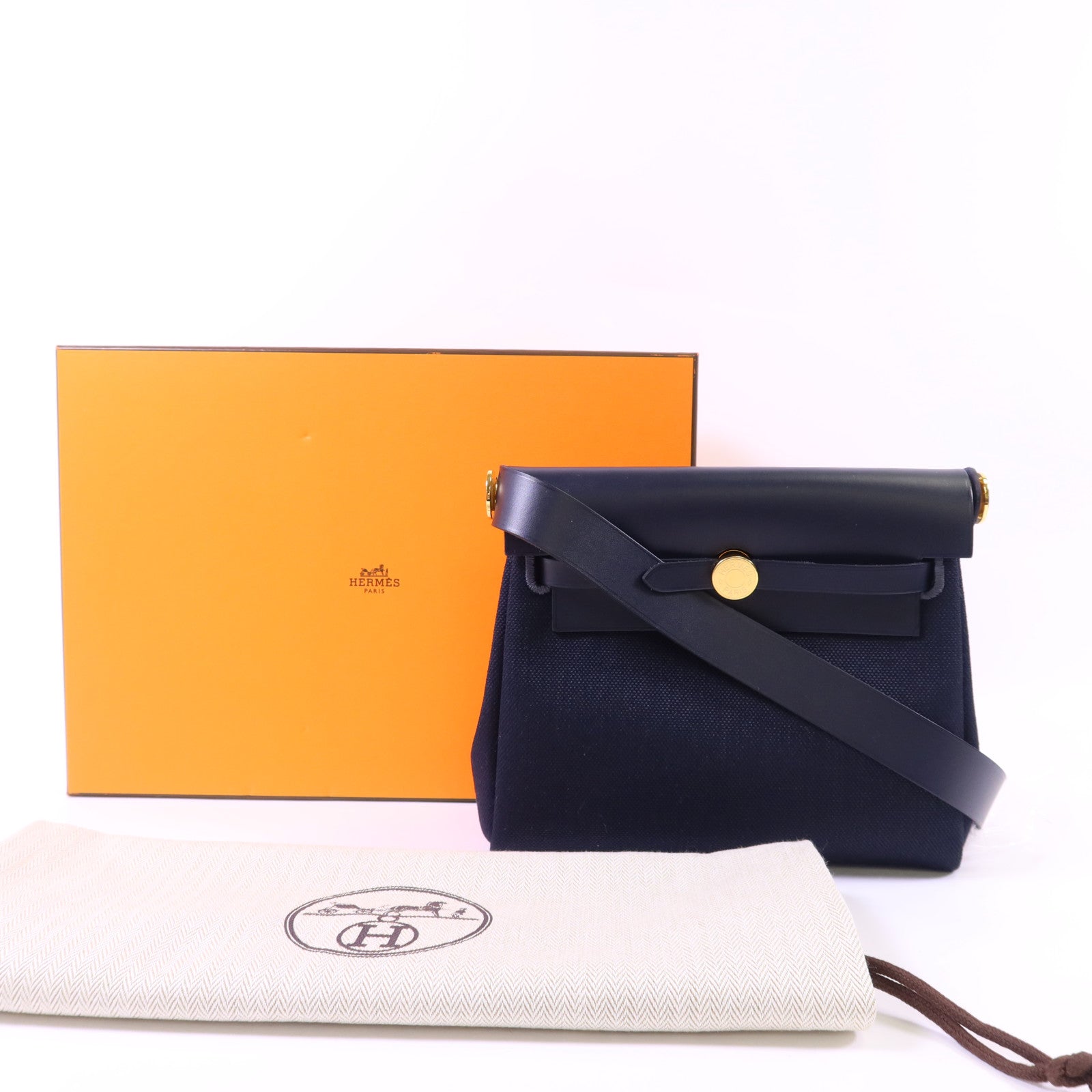 HERMES Toile H帆布Mini Herbag金扣肩背袋Bleu Indigo