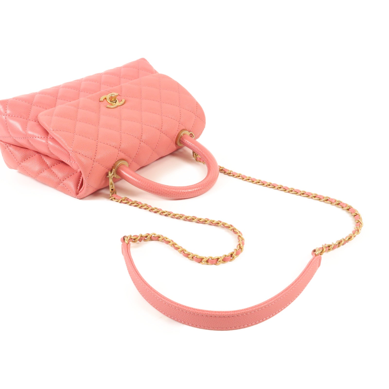 CHANEL 牛皮皮革Coco Handle Small金扣鏈帶手挽肩背兩用袋