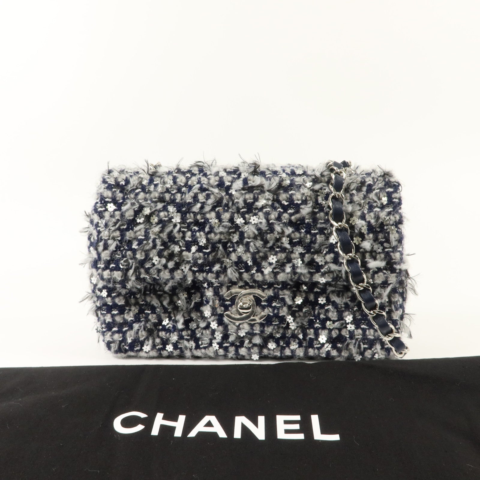 CHANEL 斜紋軟呢/亮片Mini Classic 20鏈帶肩背袋