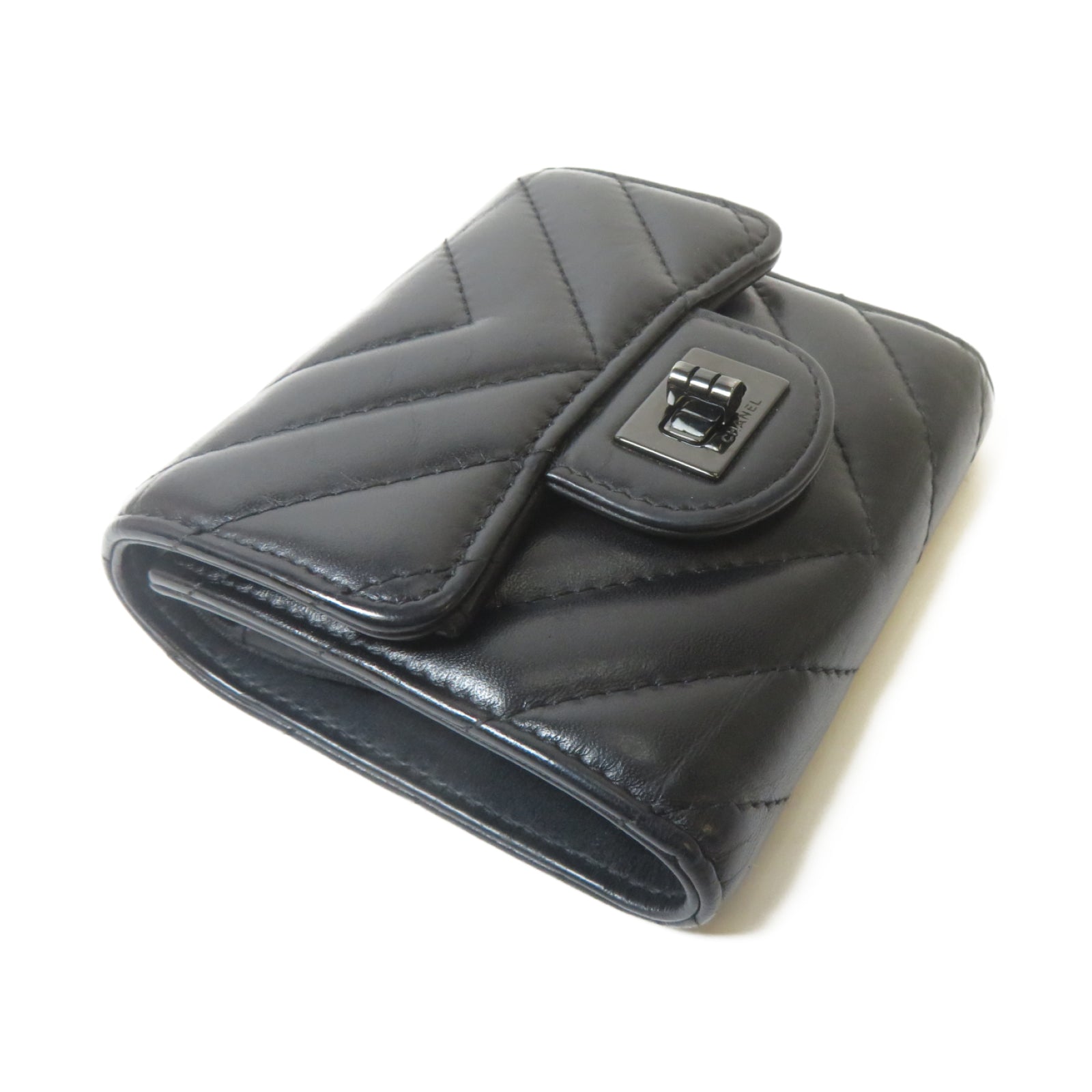 CHANEL 【激減優惠】斜紋牛皮皮革2.55 Trifold Wallet黑扣錢包黑色