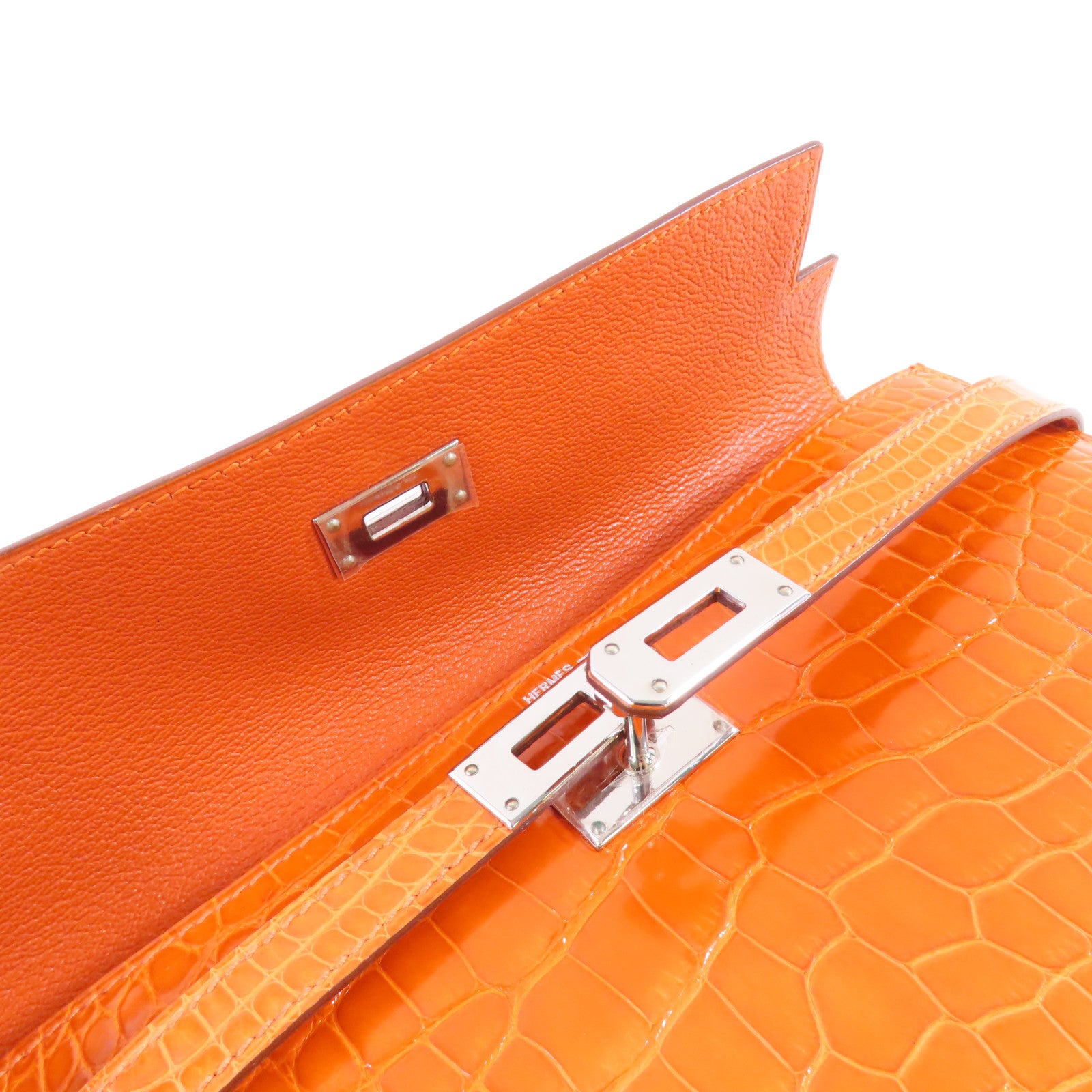 HERMES 鱷魚皮革Kelly Wallet銀扣長錢包93 Orange H/亮橙色