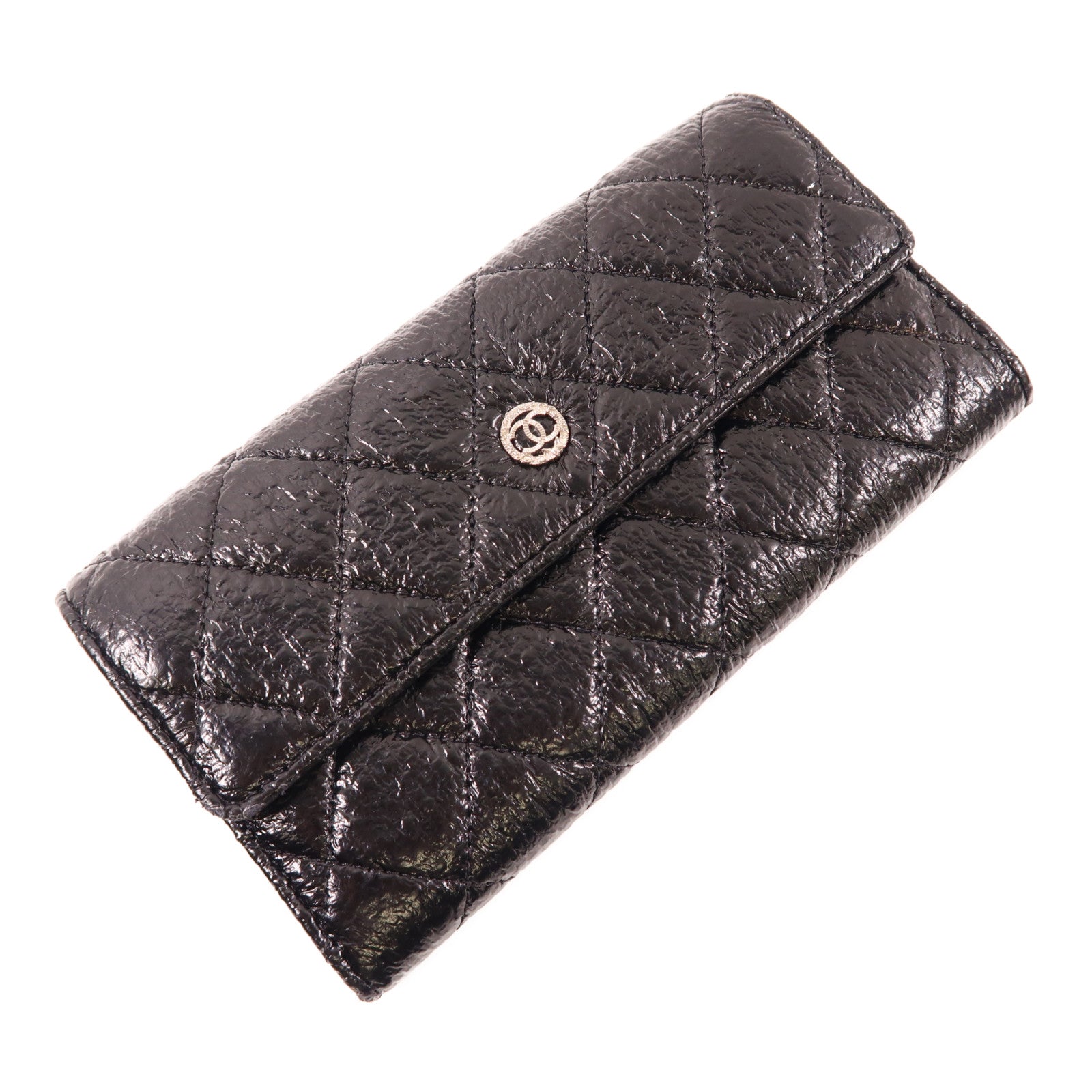 CHANEL 牛皮皮革Long Wallet銀扣長錢包黑色