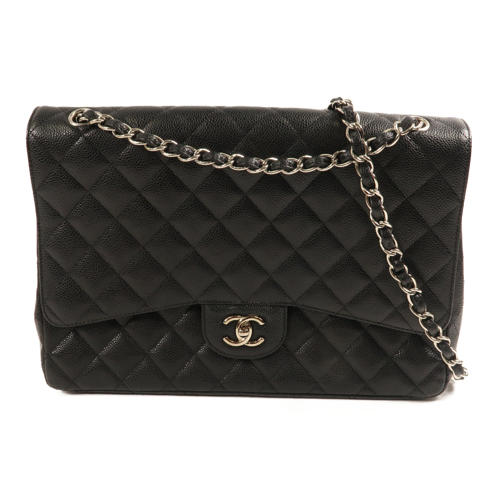 CHANEL 牛皮皮革Maxi Classic銀扣鏈帶肩背袋黑色