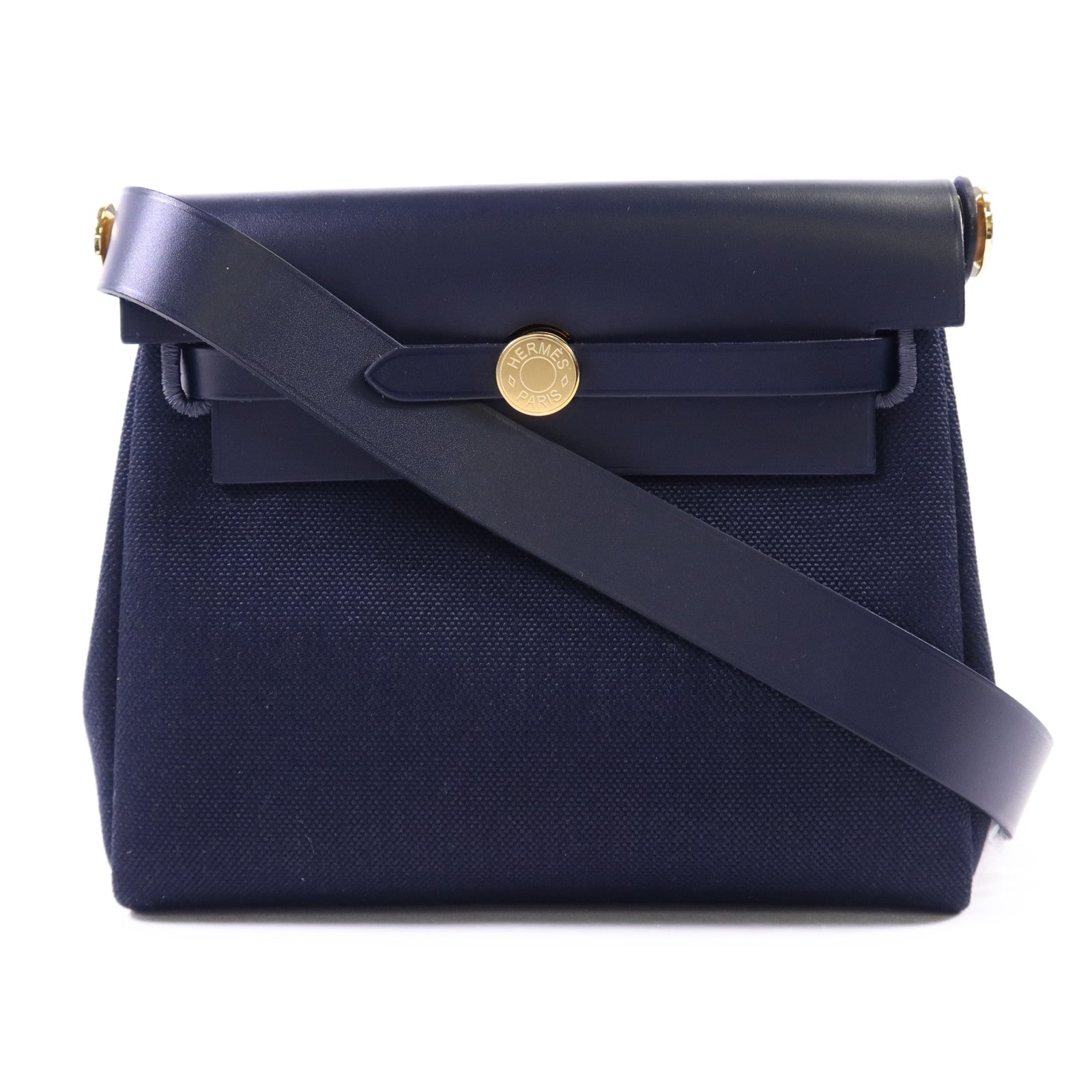HERMES Toile H帆布Mini Herbag金扣肩背袋Bleu Indigo