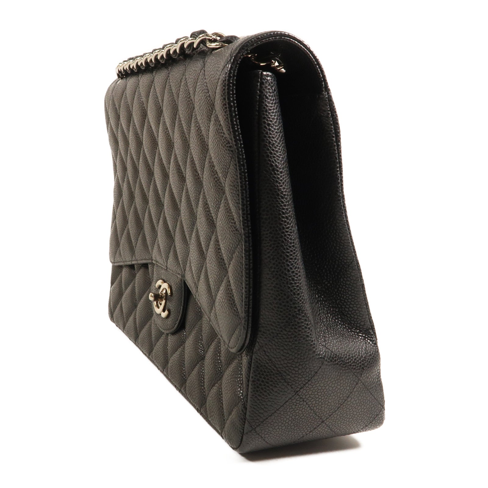 CHANEL 牛皮皮革Maxi Classic銀扣鏈帶肩背袋黑色