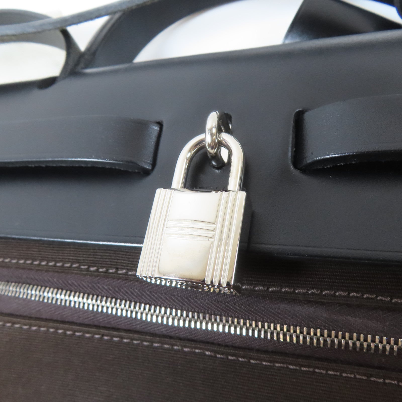 HERMES 帆布/Chevre皮革Herbag PM銀扣手挽肩背兩用袋Bruna/啡色