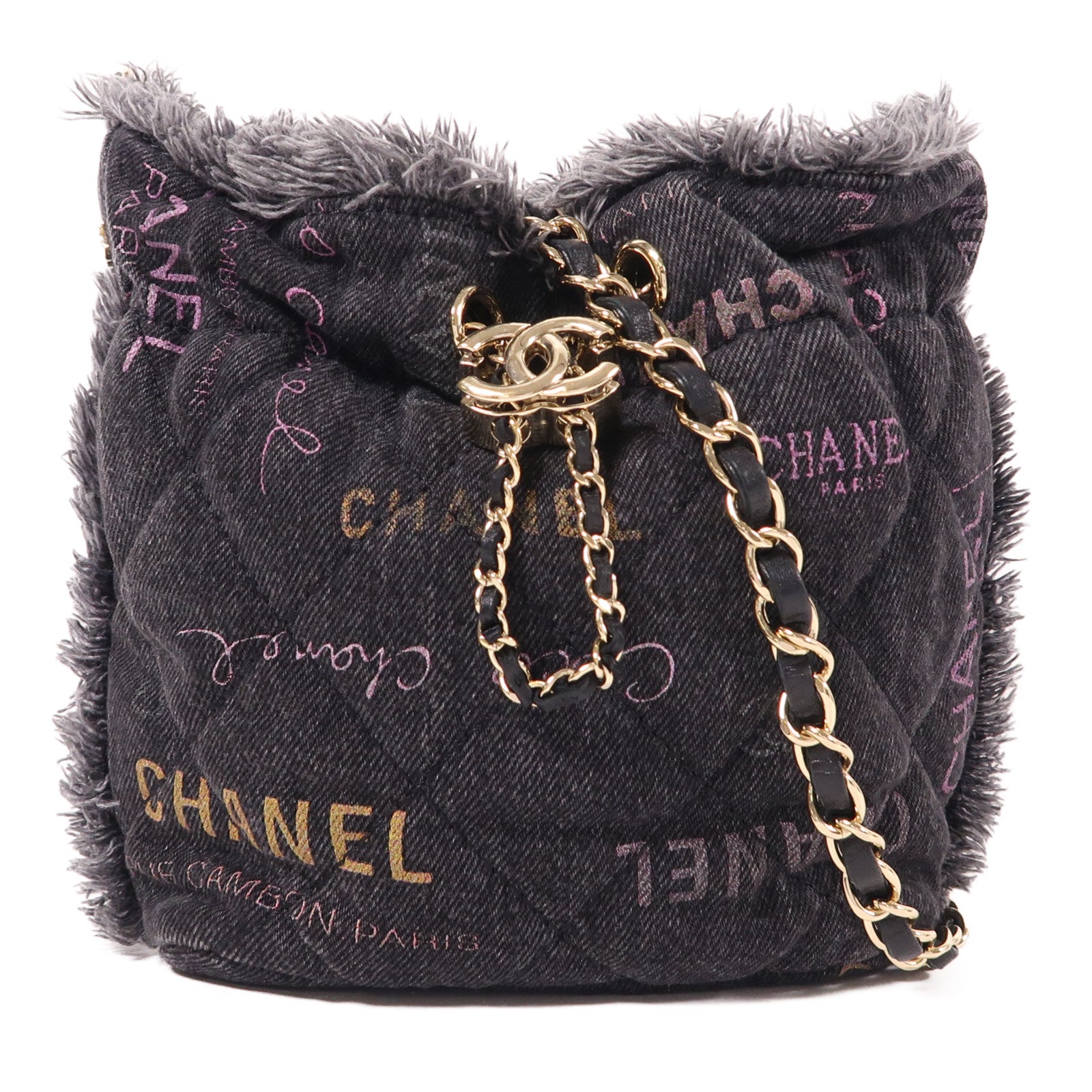CHANEL 牛仔布Bucket Bag金扣鏈帶肩背袋