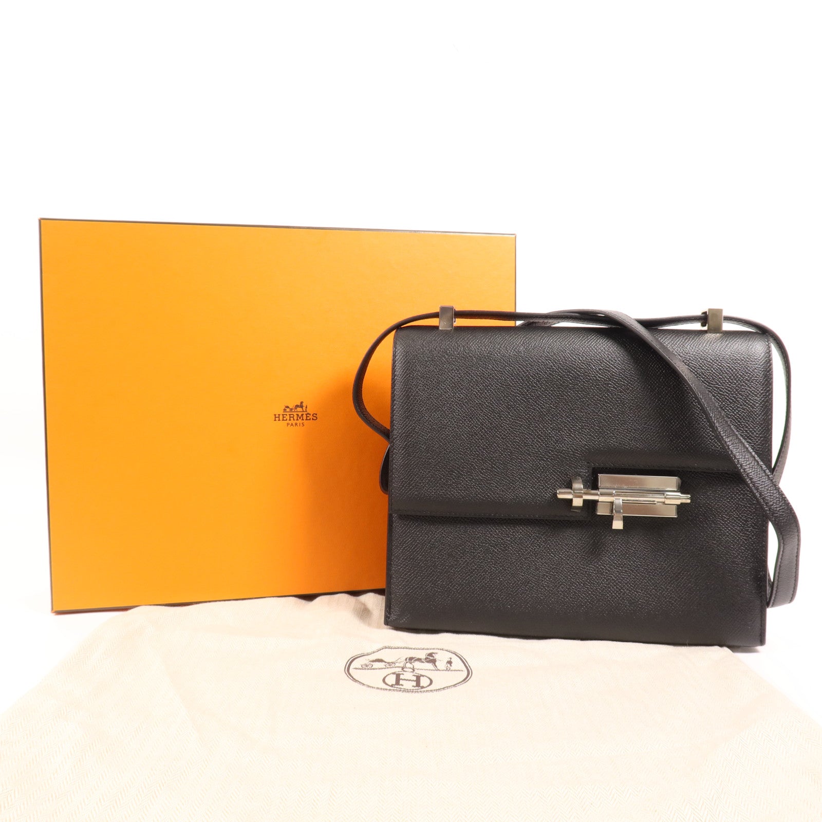HERMES Epsom皮革Verrou 23銀扣肩背袋Noir