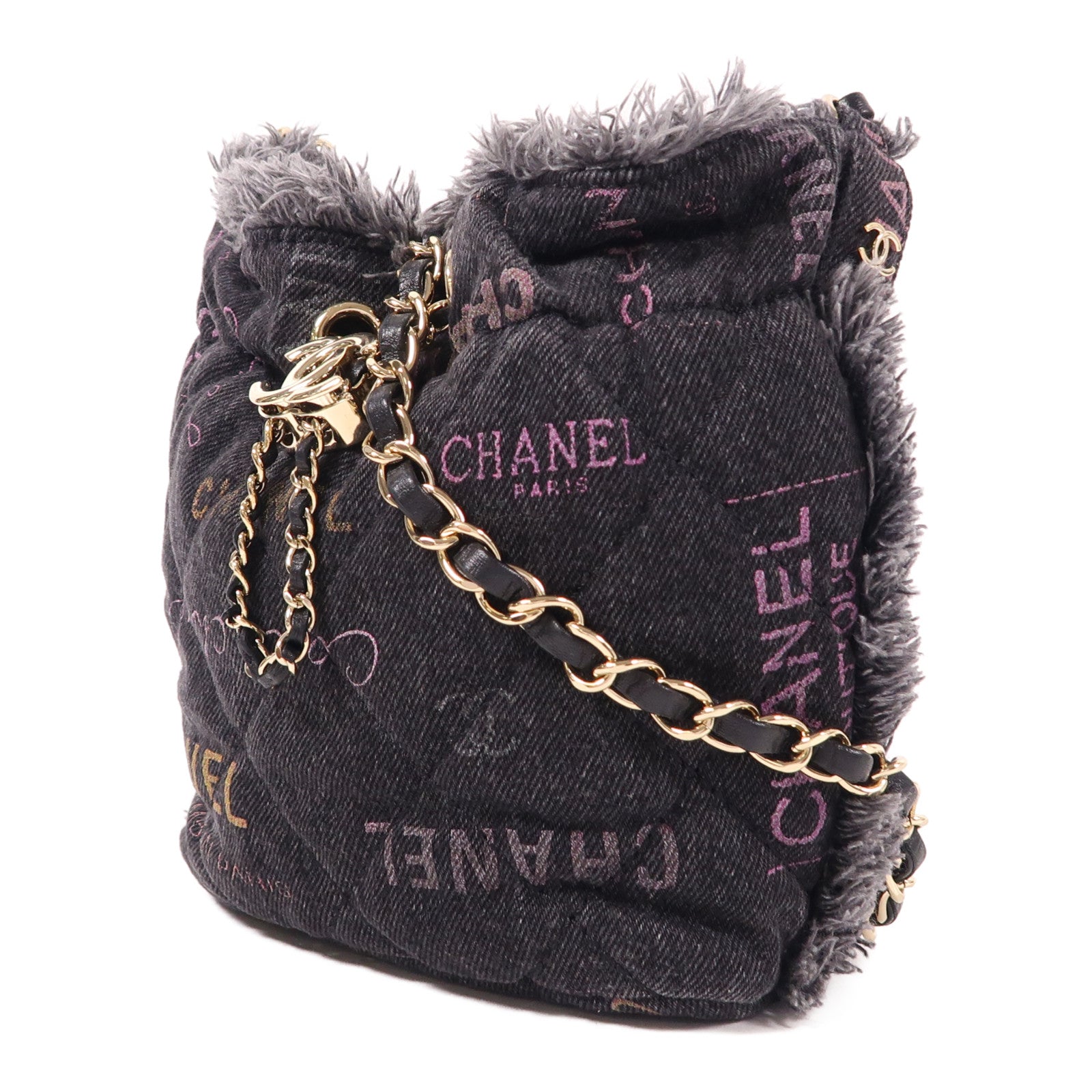 CHANEL 牛仔布Bucket Bag金扣鏈帶肩背袋