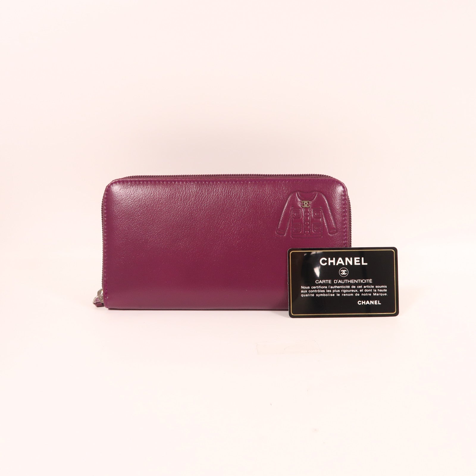 CHANEL 牛皮皮革Zipper Long Wallet銀扣長錢包紫色