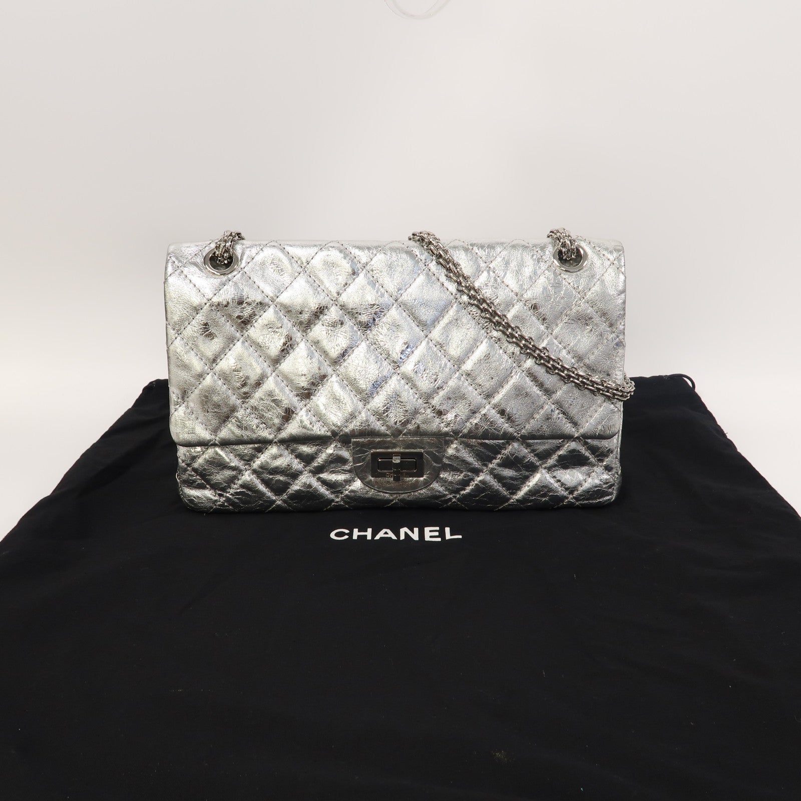 CHANEL 菱格牛皮皮革2.55銀扣鏈帶肩背袋銀色