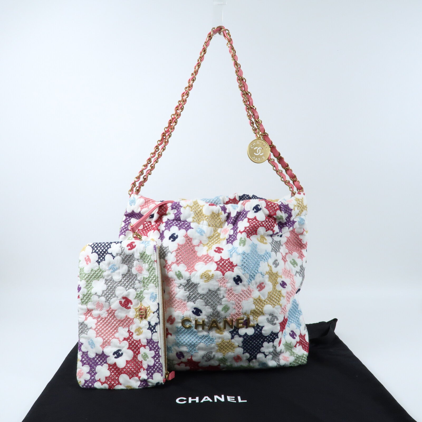 CHANEL 棉質Chanel 22 Small金扣鏈帶肩背袋