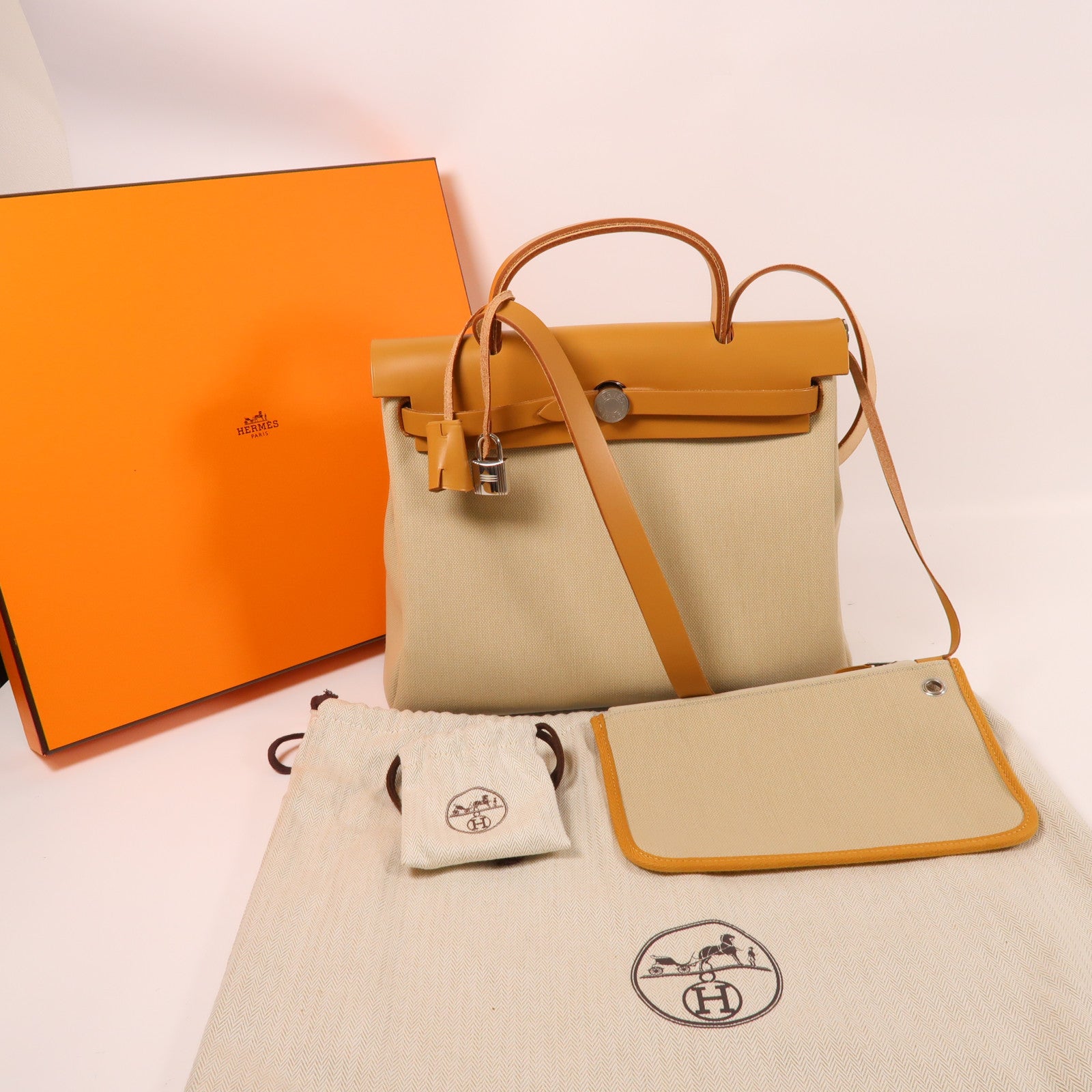 HERMES 帆布/皮革Herbag PM銀扣手挽肩背兩用袋Beton