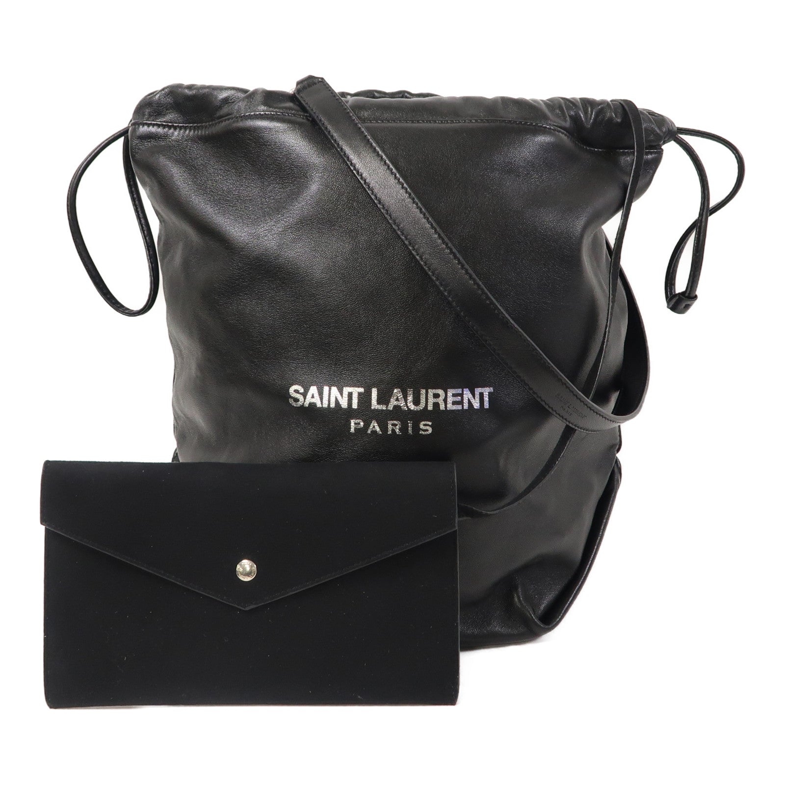 YVES SAINT LAURENT 皮革Bucket Bag銀扣鏈帶肩背袋黑色