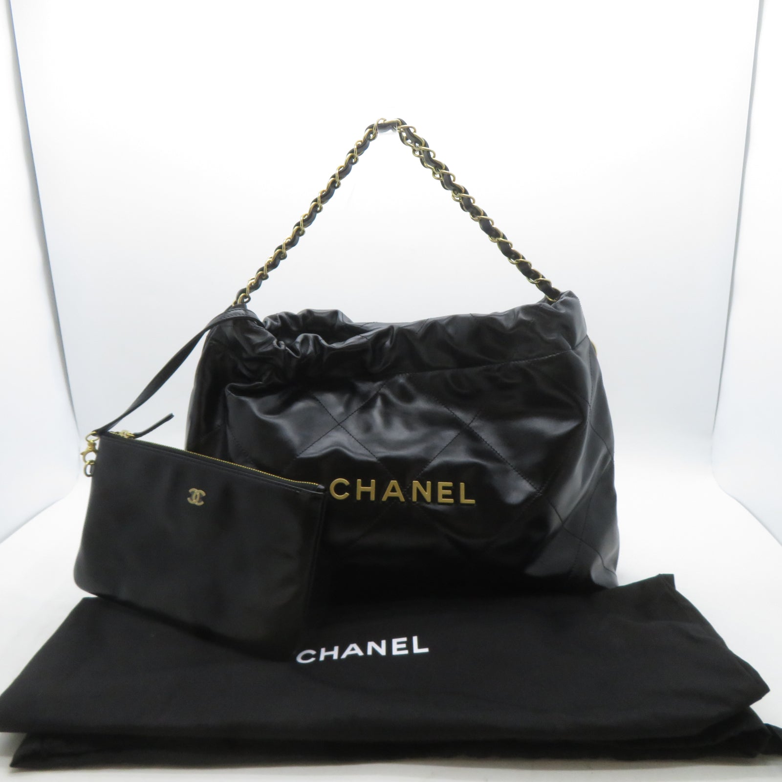 CHANEL 菱格牛皮皮革Chanel 22金扣鏈帶肩背袋黑色