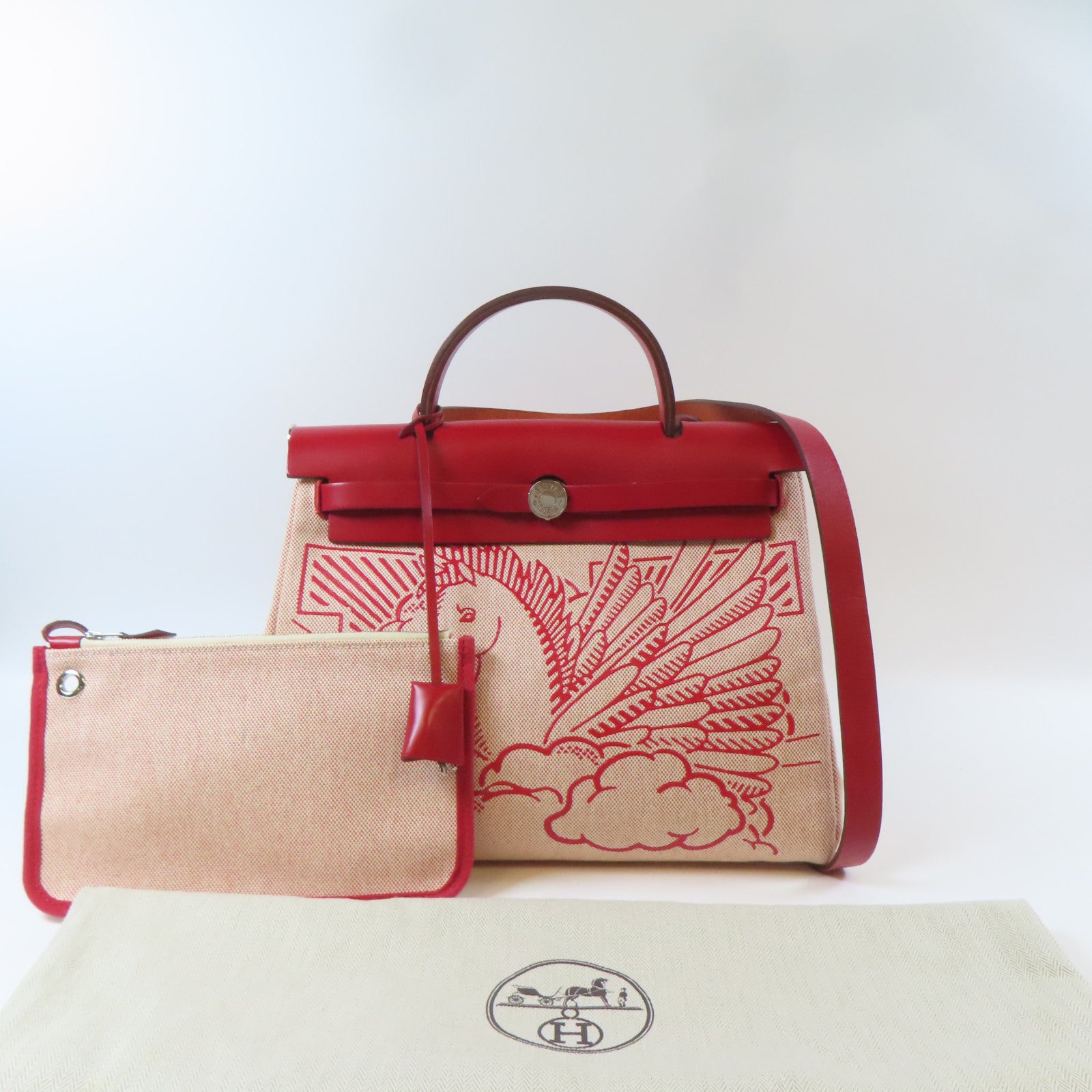 HERMES 帆布Herbag GM 2 Way Shoulder銀扣手挽肩背兩用袋紅色/米色