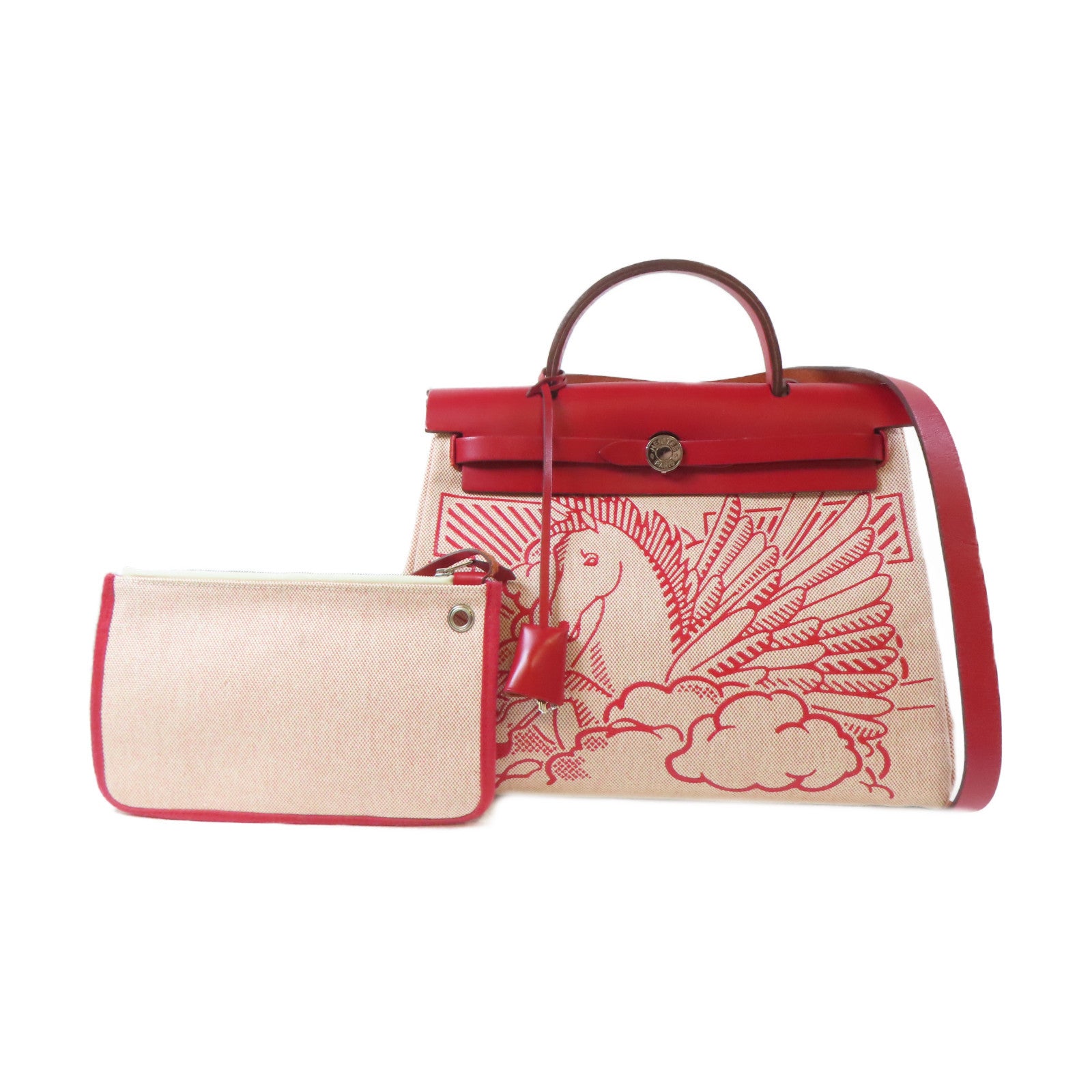 HERMES 帆布Herbag GM 2 Way Shoulder銀扣手挽肩背兩用袋紅色/米色