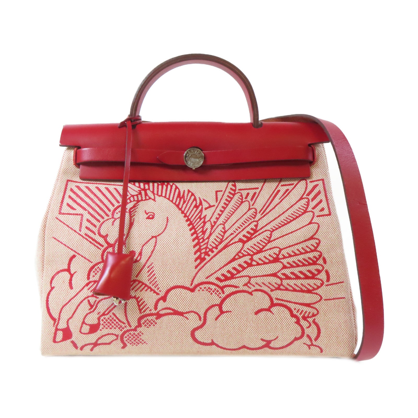 HERMES 帆布Herbag GM 2 Way Shoulder銀扣手挽肩背兩用袋紅色/米色