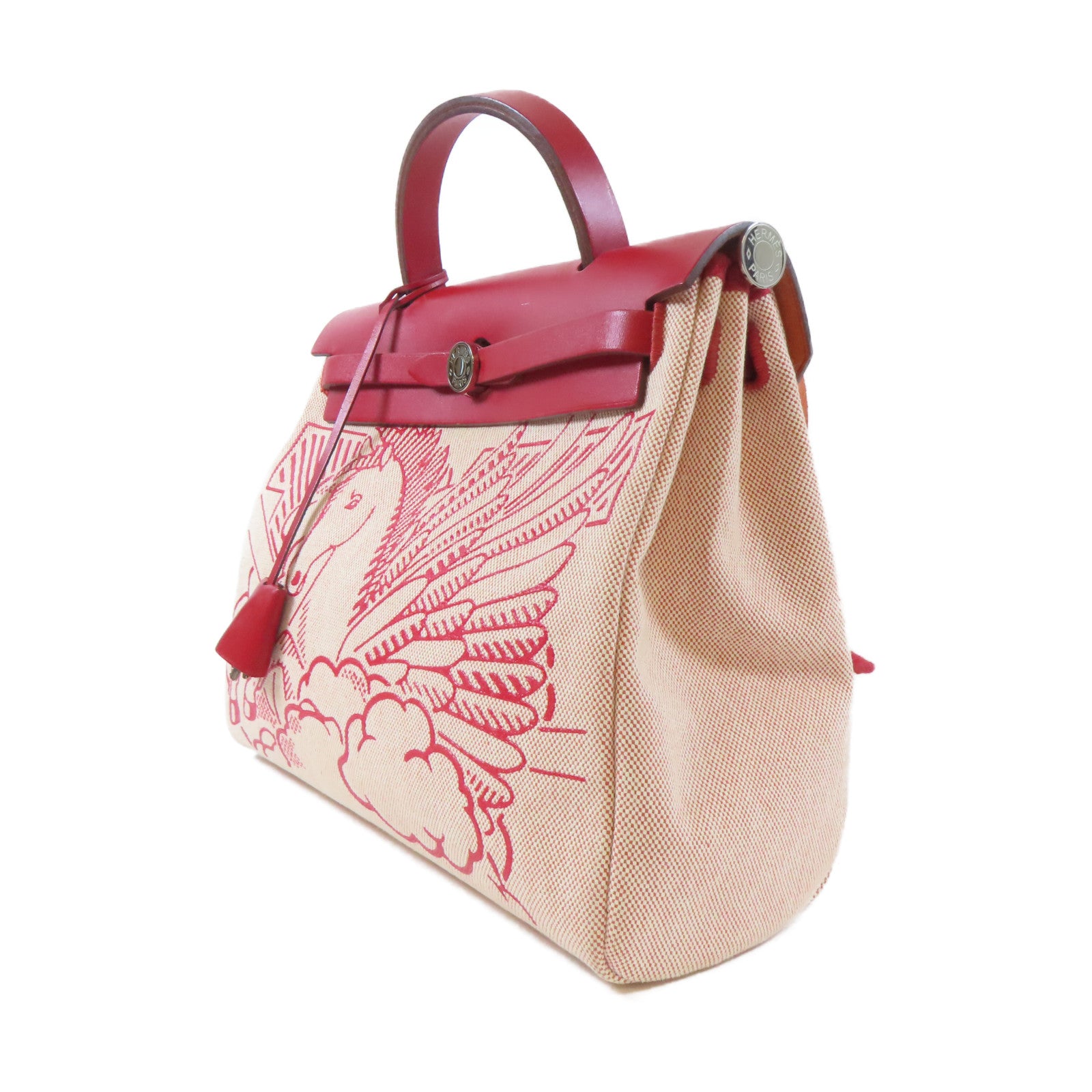 HERMES 帆布Herbag GM 2 Way Shoulder銀扣手挽肩背兩用袋紅色/米色
