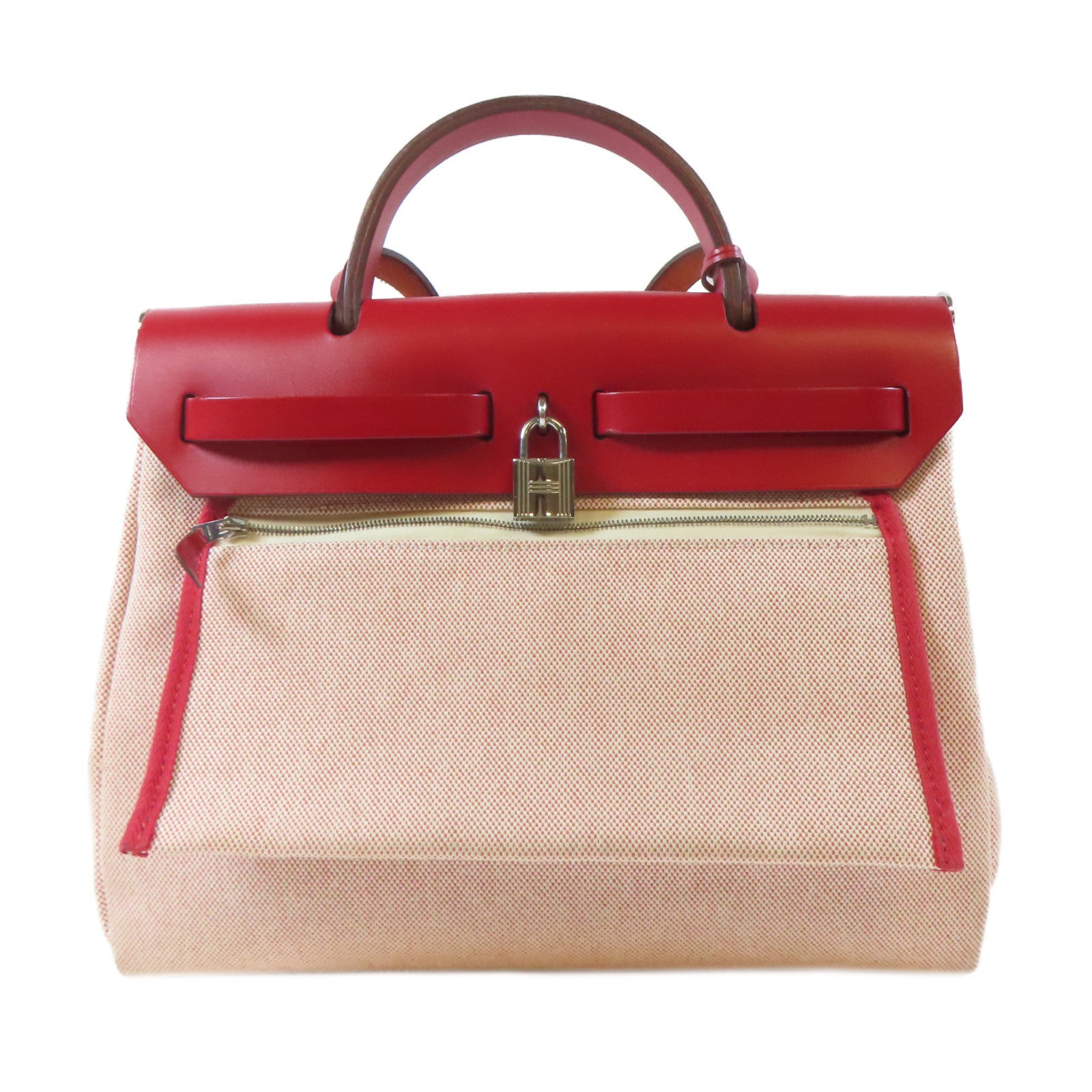 HERMES 帆布Herbag GM 2 Way Shoulder銀扣手挽肩背兩用袋紅色/米色