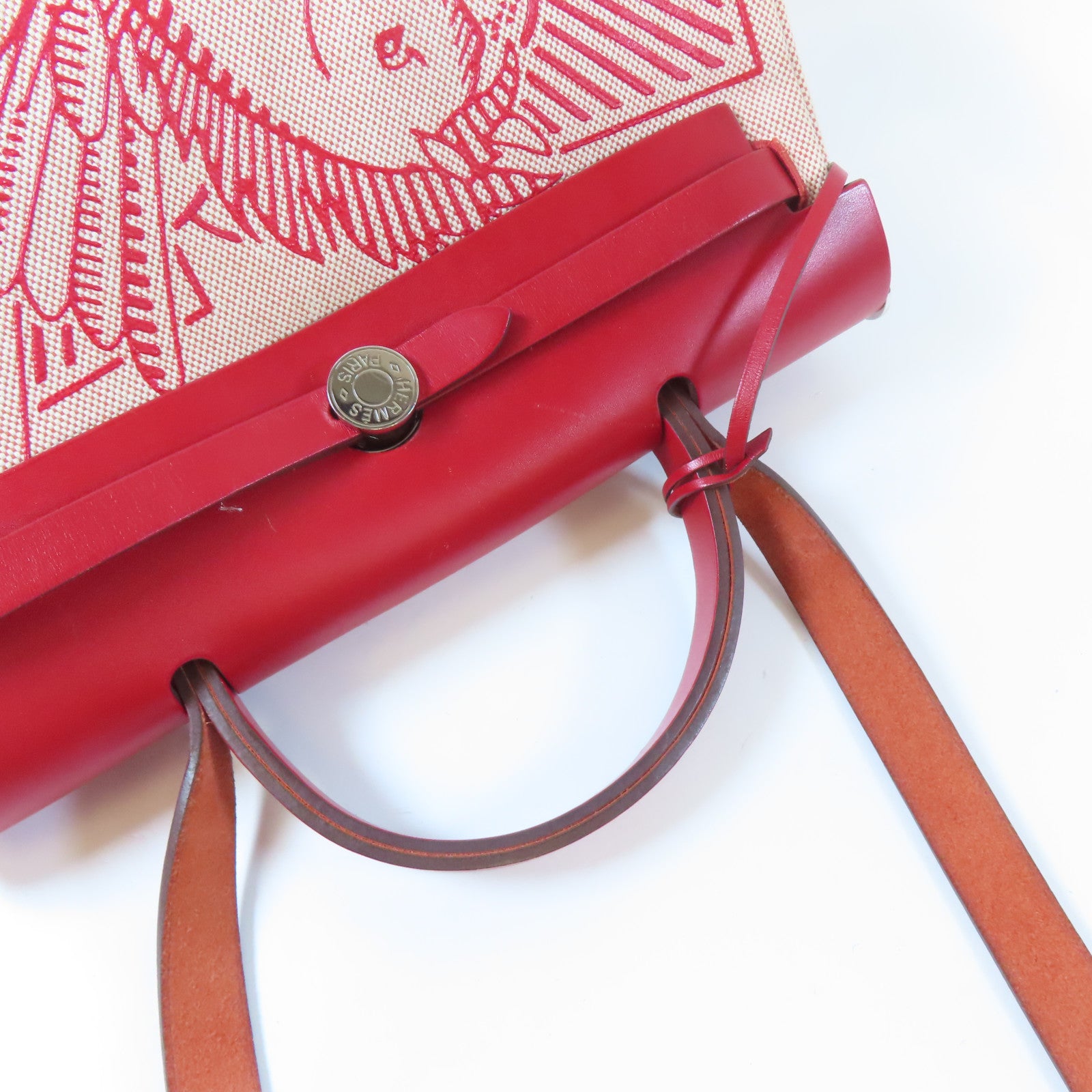 HERMES 帆布Herbag GM 2 Way Shoulder銀扣手挽肩背兩用袋紅色/米色
