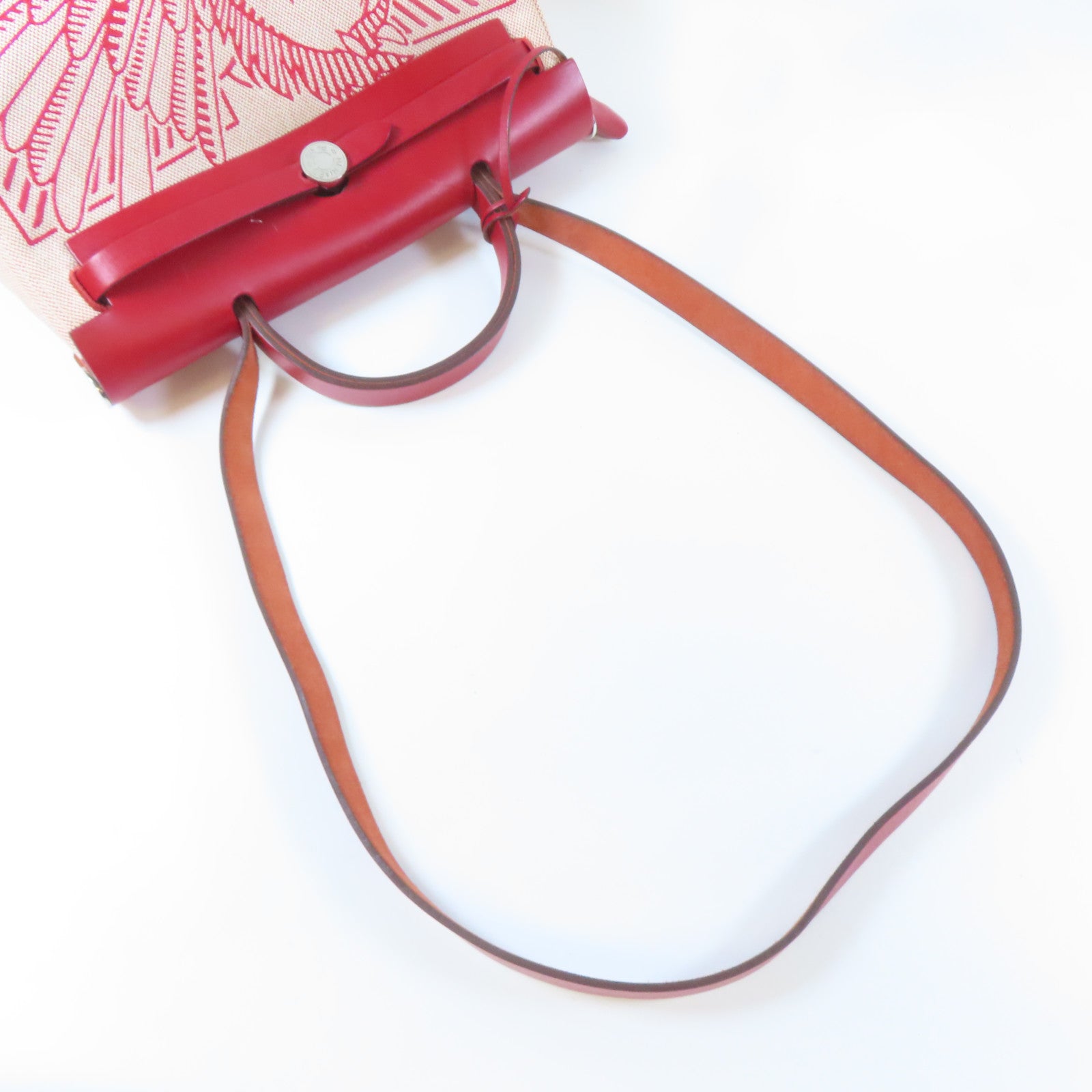 HERMES 帆布Herbag GM 2 Way Shoulder銀扣手挽肩背兩用袋紅色/米色