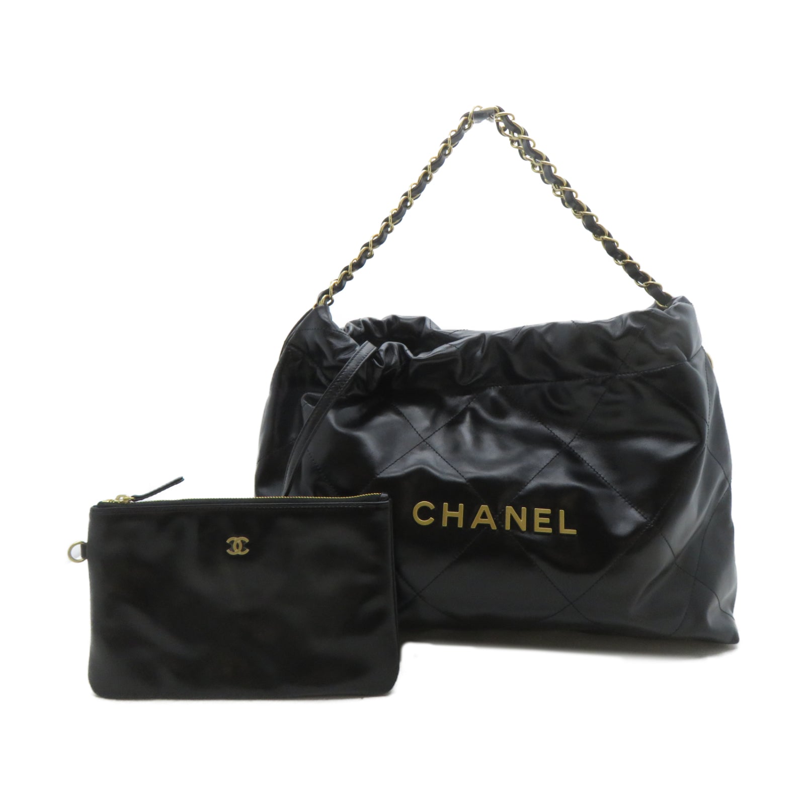 CHANEL 菱格牛皮皮革Chanel 22金扣鏈帶肩背袋黑色
