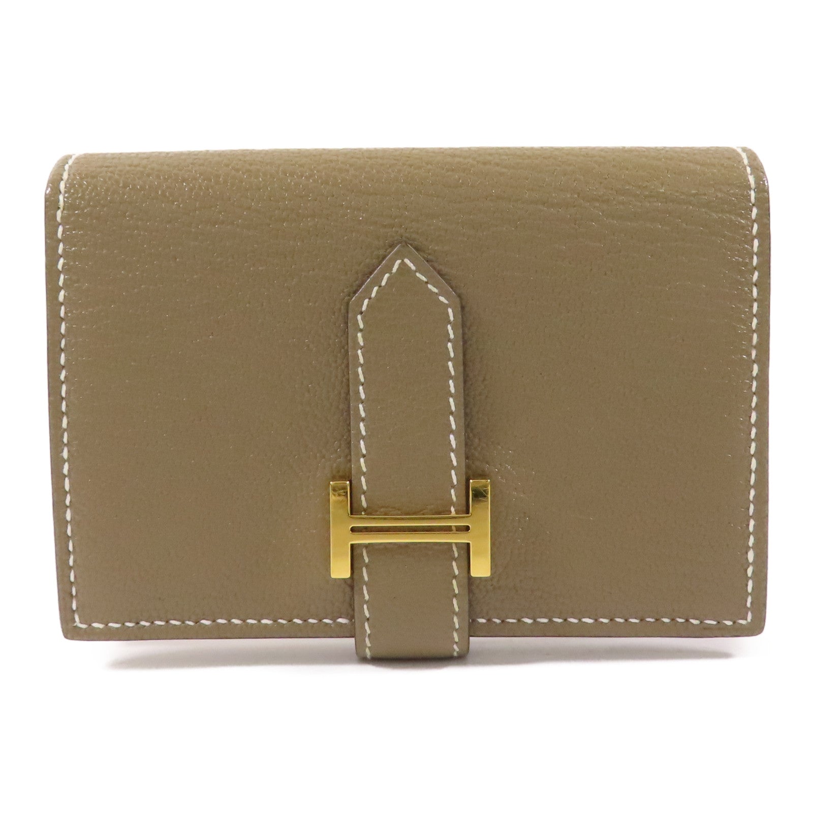 HERMES Chevre皮革Bearn Mini Wallet金扣錢包Etoupe
