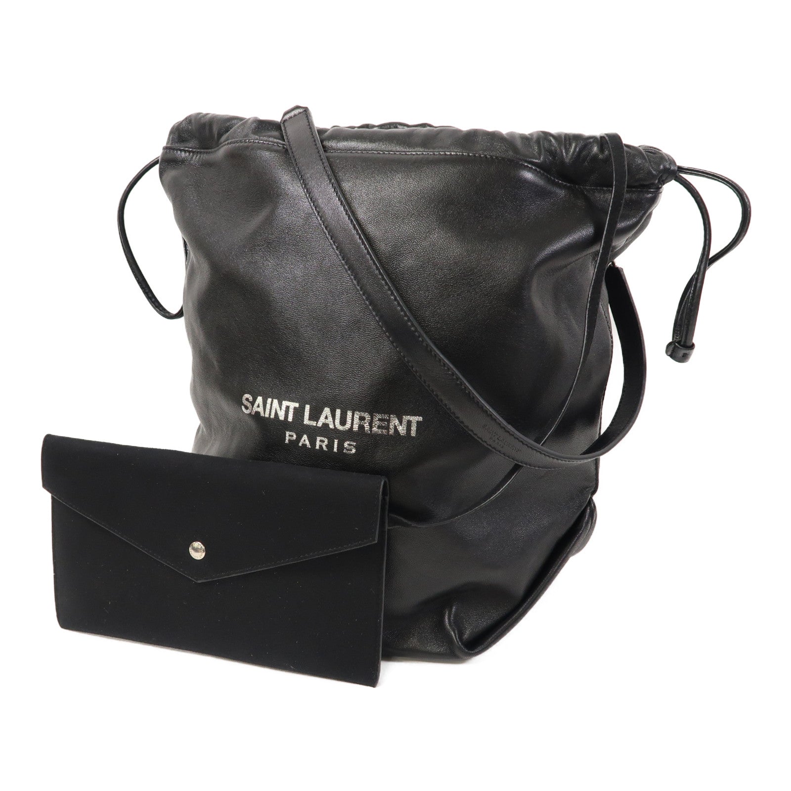 YVES SAINT LAURENT 皮革Bucket Bag銀扣鏈帶肩背袋黑色