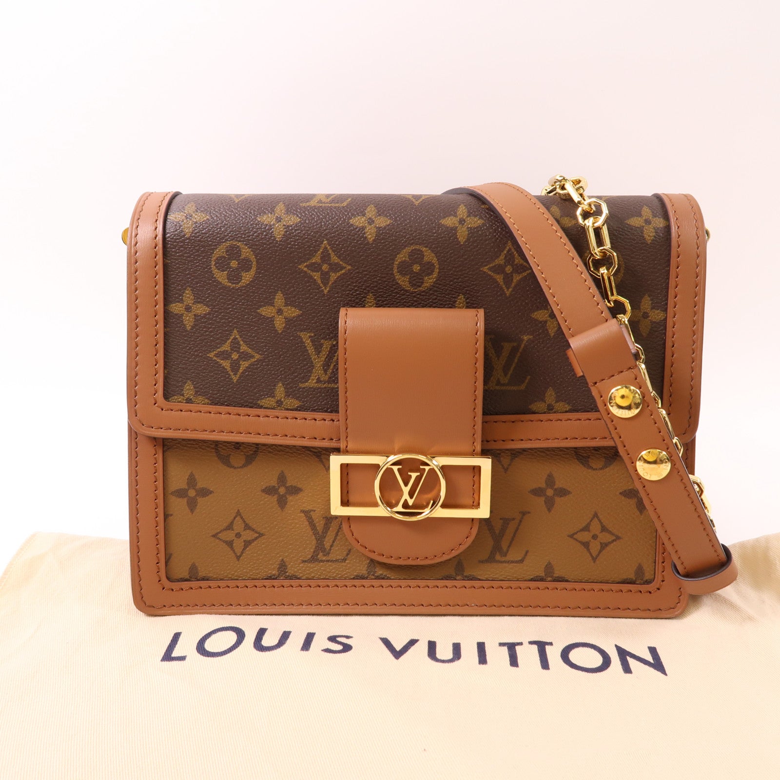 LOUIS VUITTON Monogram Reverse Dauphine MM金扣手挽肩背兩用袋棕色