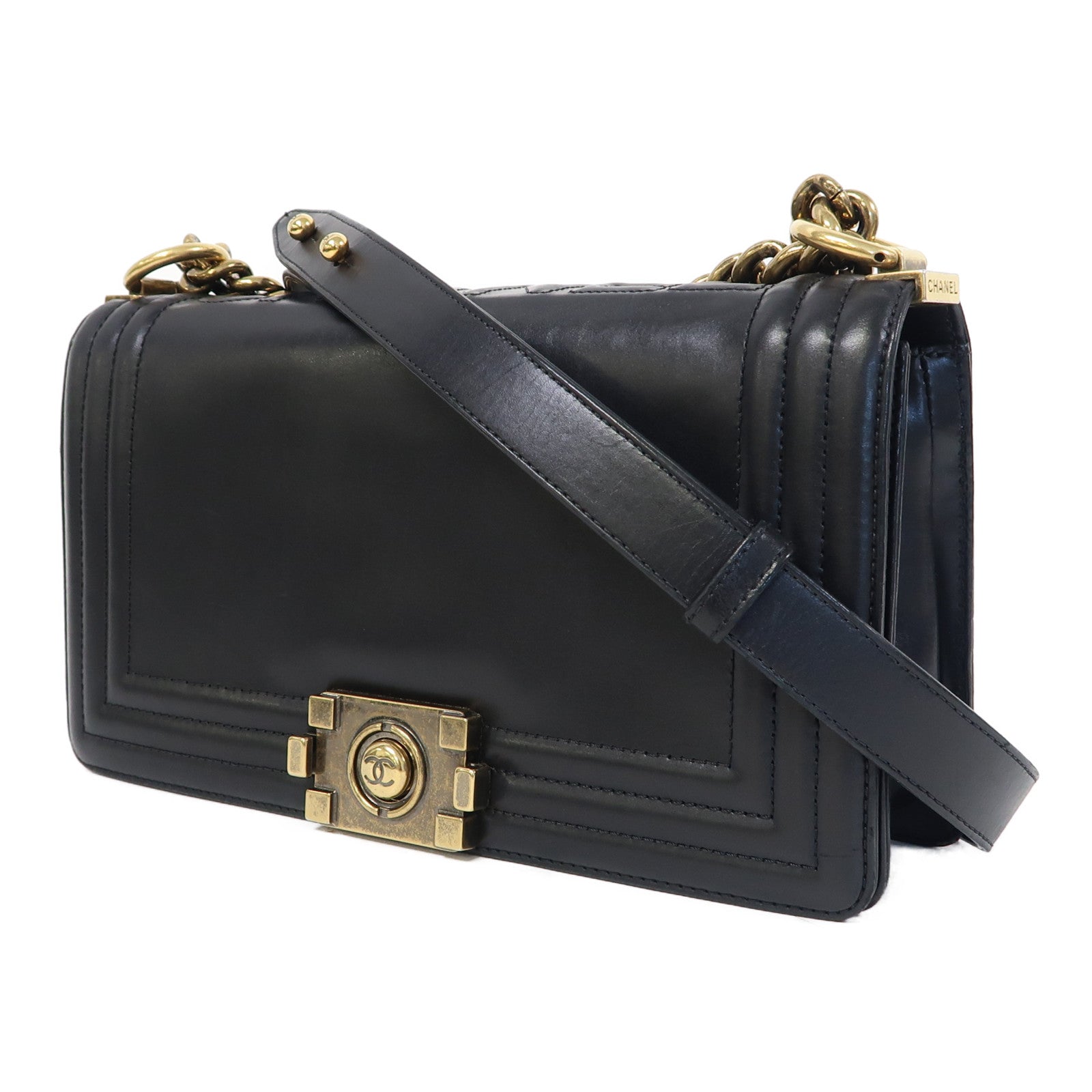 CHANEL 【激減優惠】菱格牛皮皮革Chain Shoulder金扣鏈帶肩背袋黑色