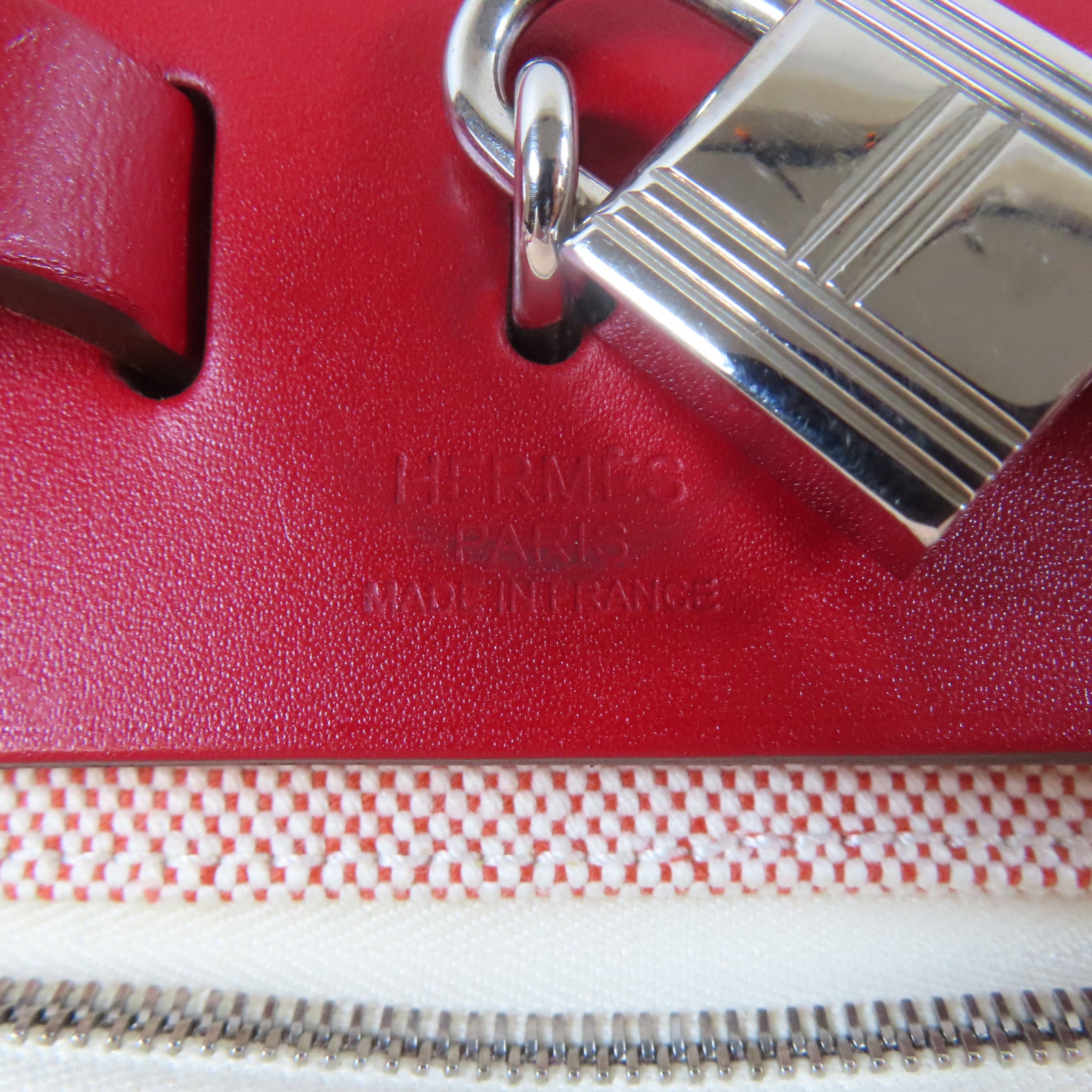HERMES 帆布Herbag GM 2 Way Shoulder銀扣手挽肩背兩用袋紅色/米色