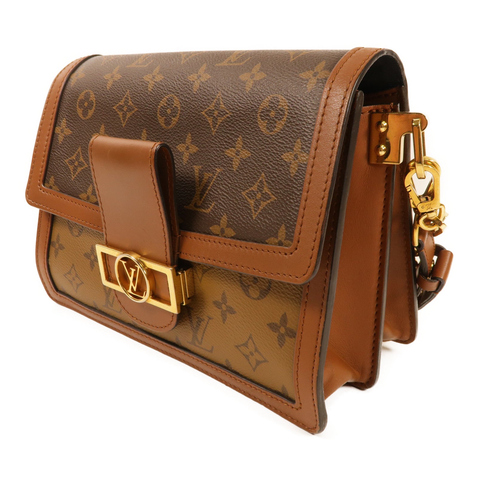 LOUIS VUITTON Monogram/Monogram Reverse Dauphine MM金扣手挽肩背兩用袋棕色