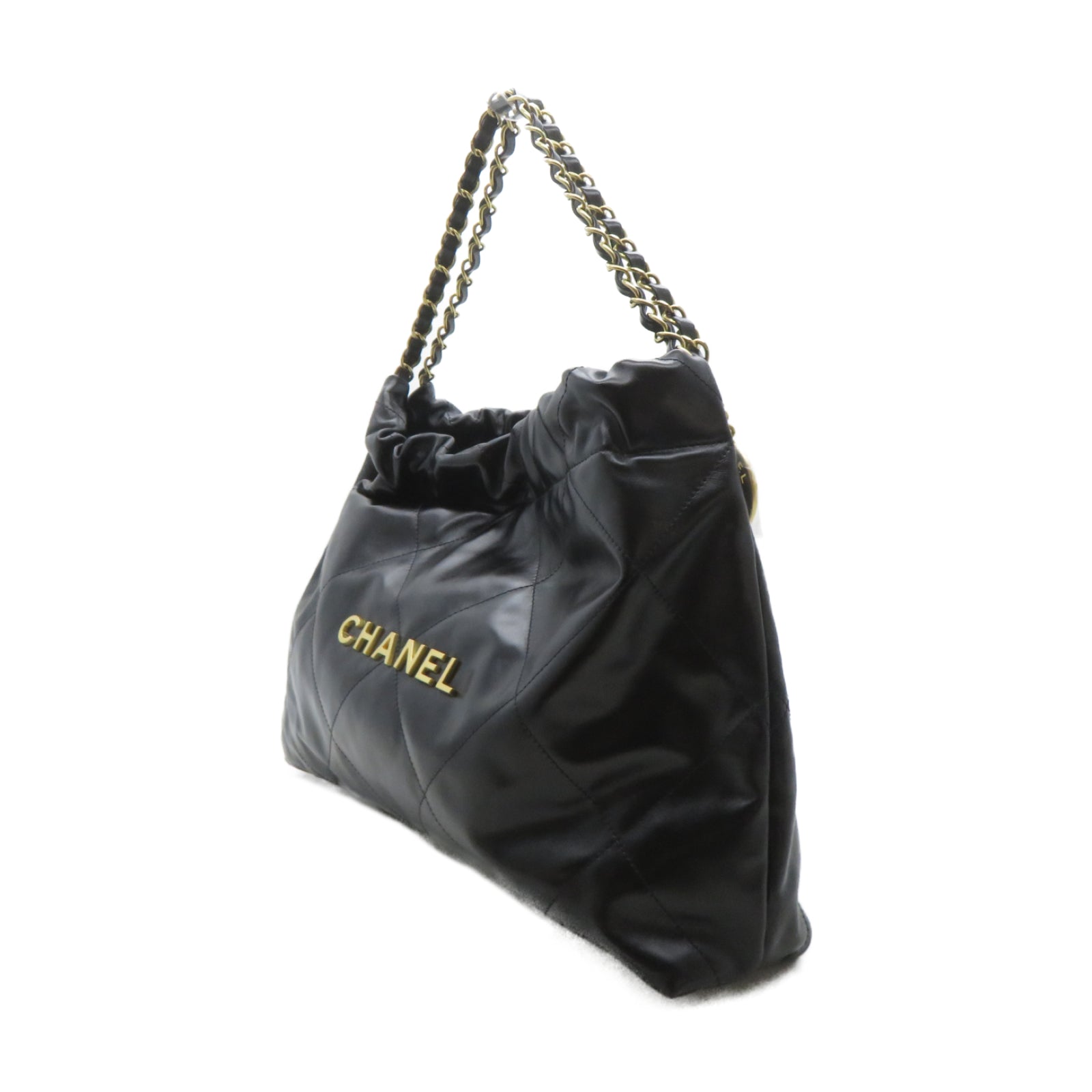 CHANEL 菱格牛皮皮革Chanel 22金扣鏈帶肩背袋黑色
