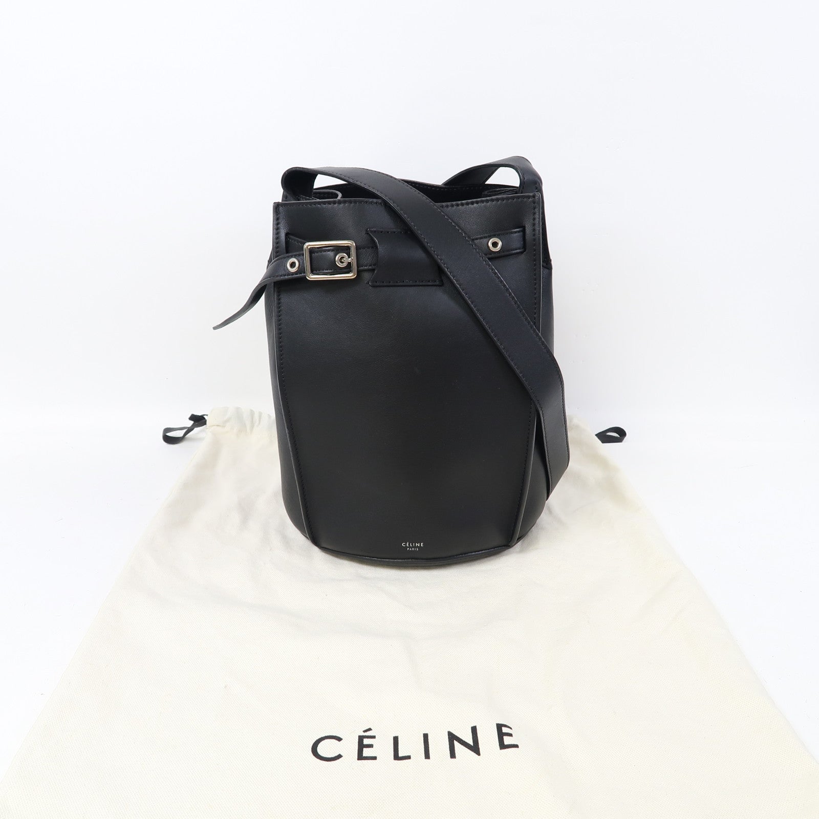 CELINE 牛皮皮革Big Bag Bucket銀扣肩背袋黑色