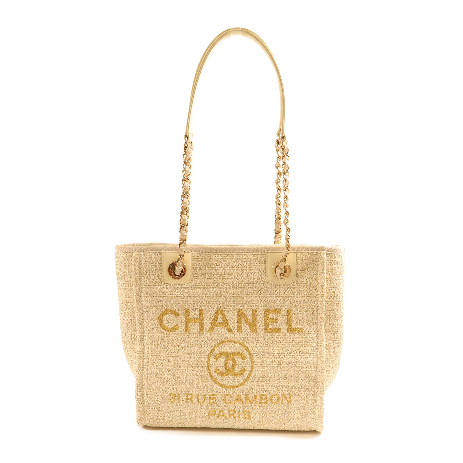 CHANEL 帆布Tote Bag金扣鏈帶肩背袋