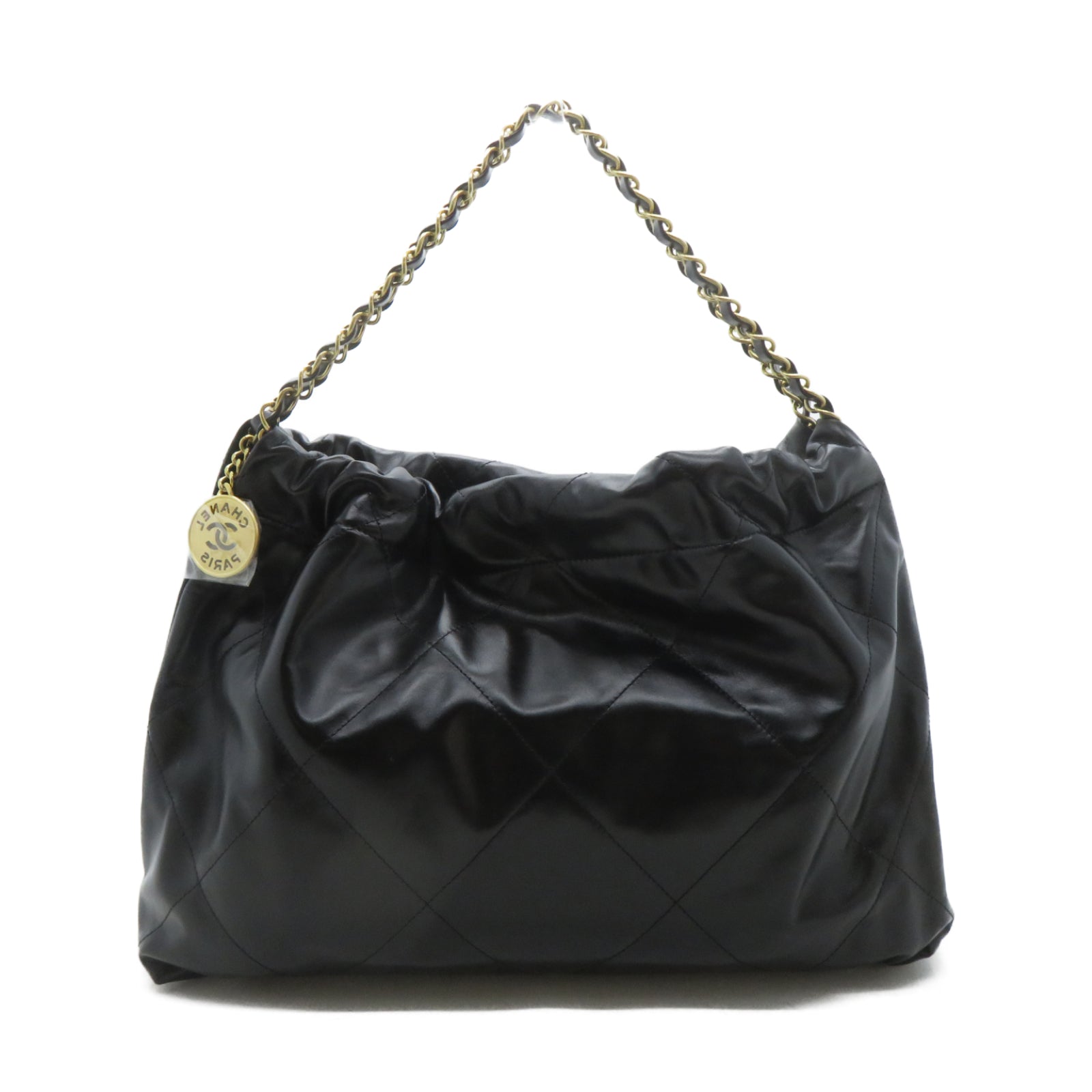 CHANEL 菱格牛皮皮革Chanel 22金扣鏈帶肩背袋黑色