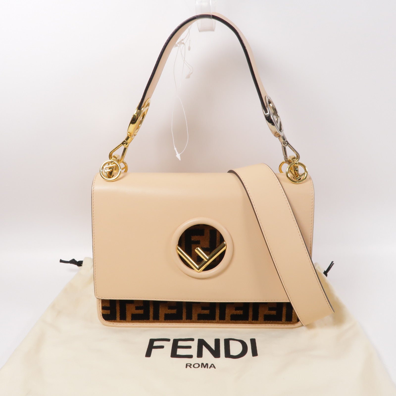 FENDI 牛皮皮革Kan I金扣手挽肩背兩用袋粉紅色/啡色