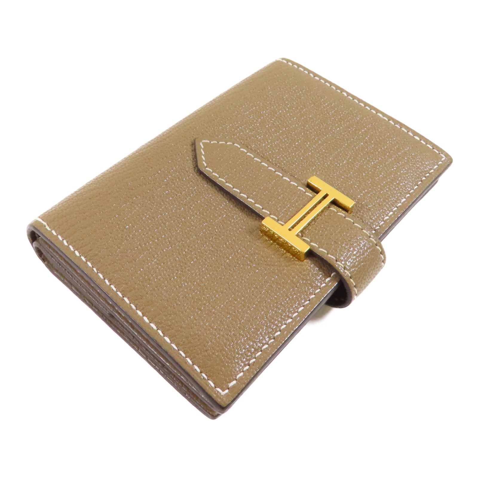 HERMES Chevre皮革Bearn Mini Wallet金扣錢包Etoupe