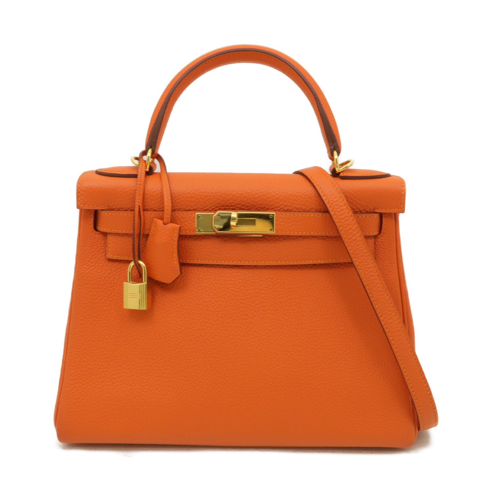 HERMES 【激減優惠】Togo皮革Kelly 28金扣手挽肩背兩用袋Feu火焰橘色