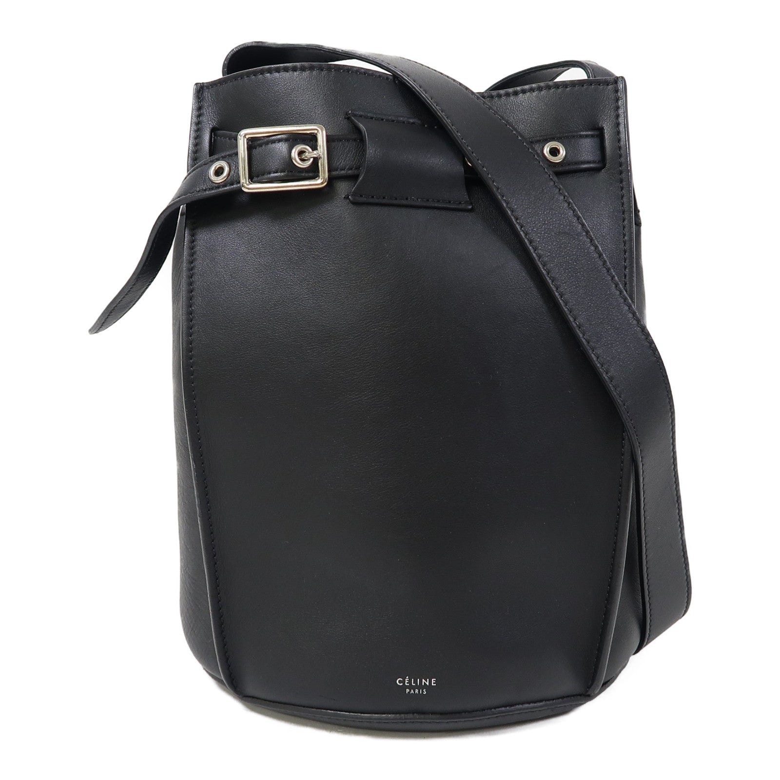 CELINE 牛皮皮革Big Bag Bucket銀扣肩背袋黑色