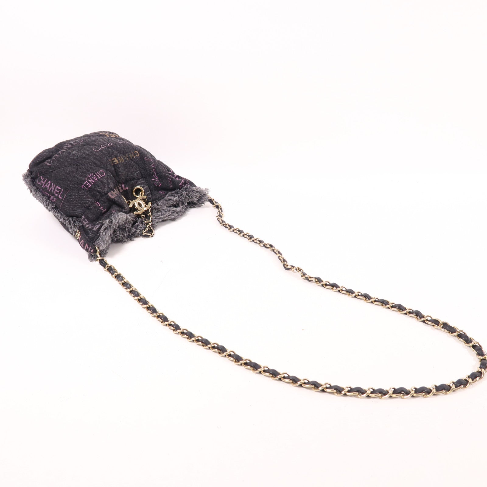 CHANEL 牛仔布Bucket Bag金扣鏈帶肩背袋