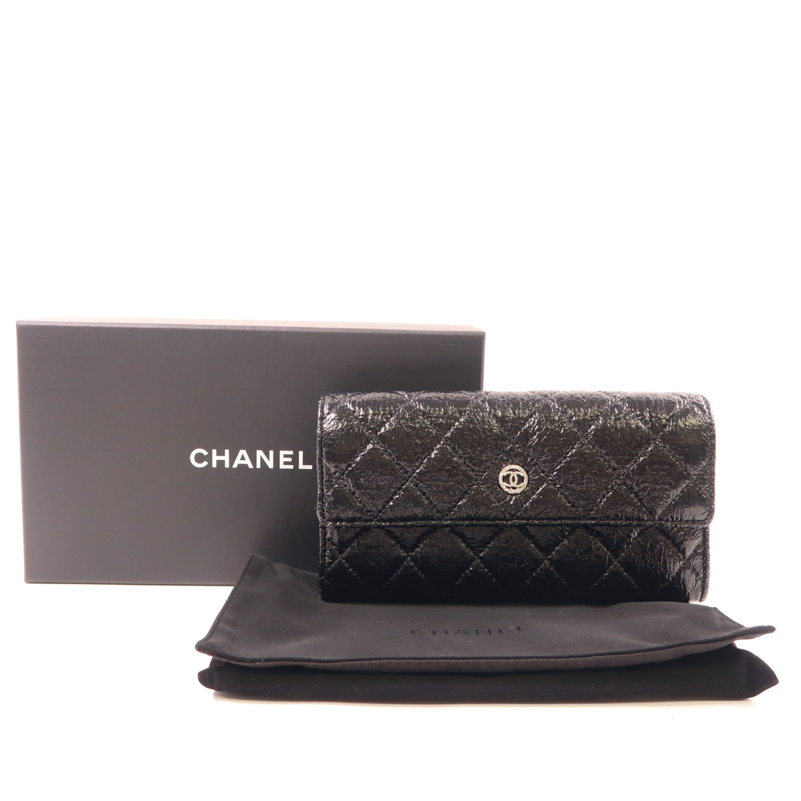 CHANEL 牛皮皮革Long Wallet銀扣長錢包黑色