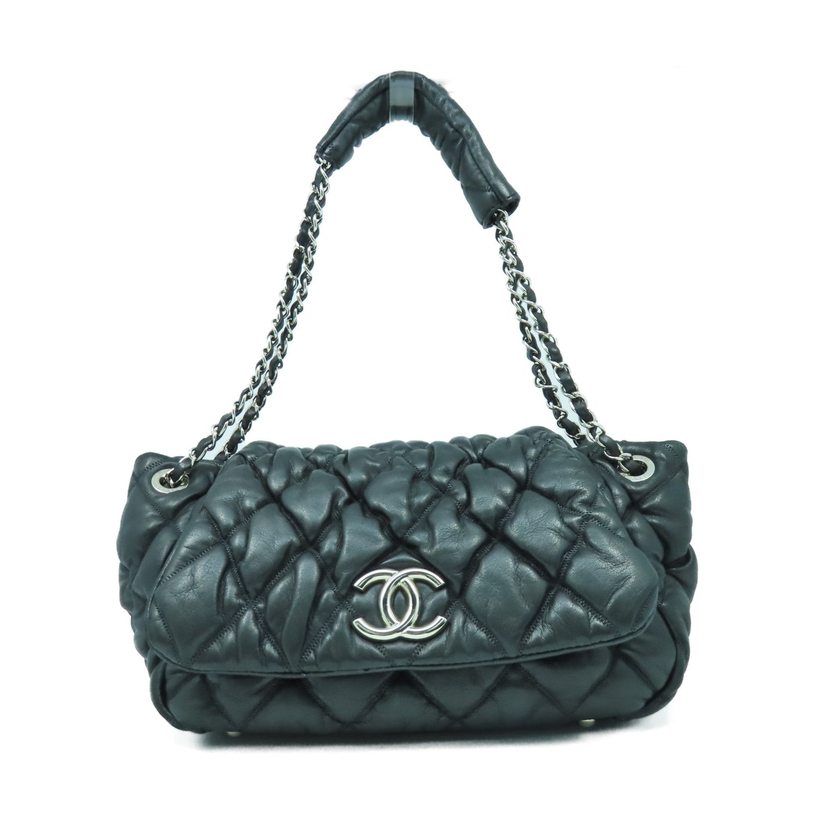 CHANEL 【激減優惠】菱格牛皮皮革Shoulder Bag銀扣鏈帶肩背袋黑色