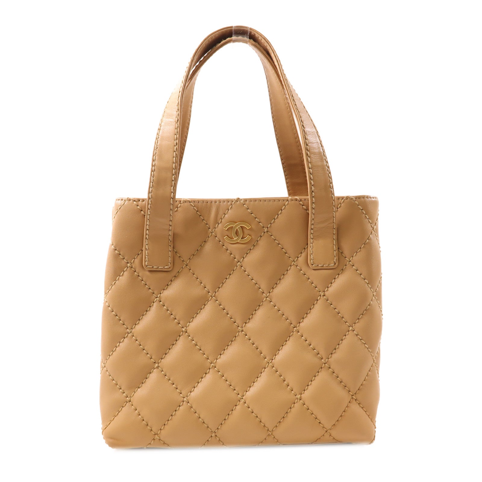 CHANEL 菱格牛皮皮革Tote Bag金扣手挽袋米色