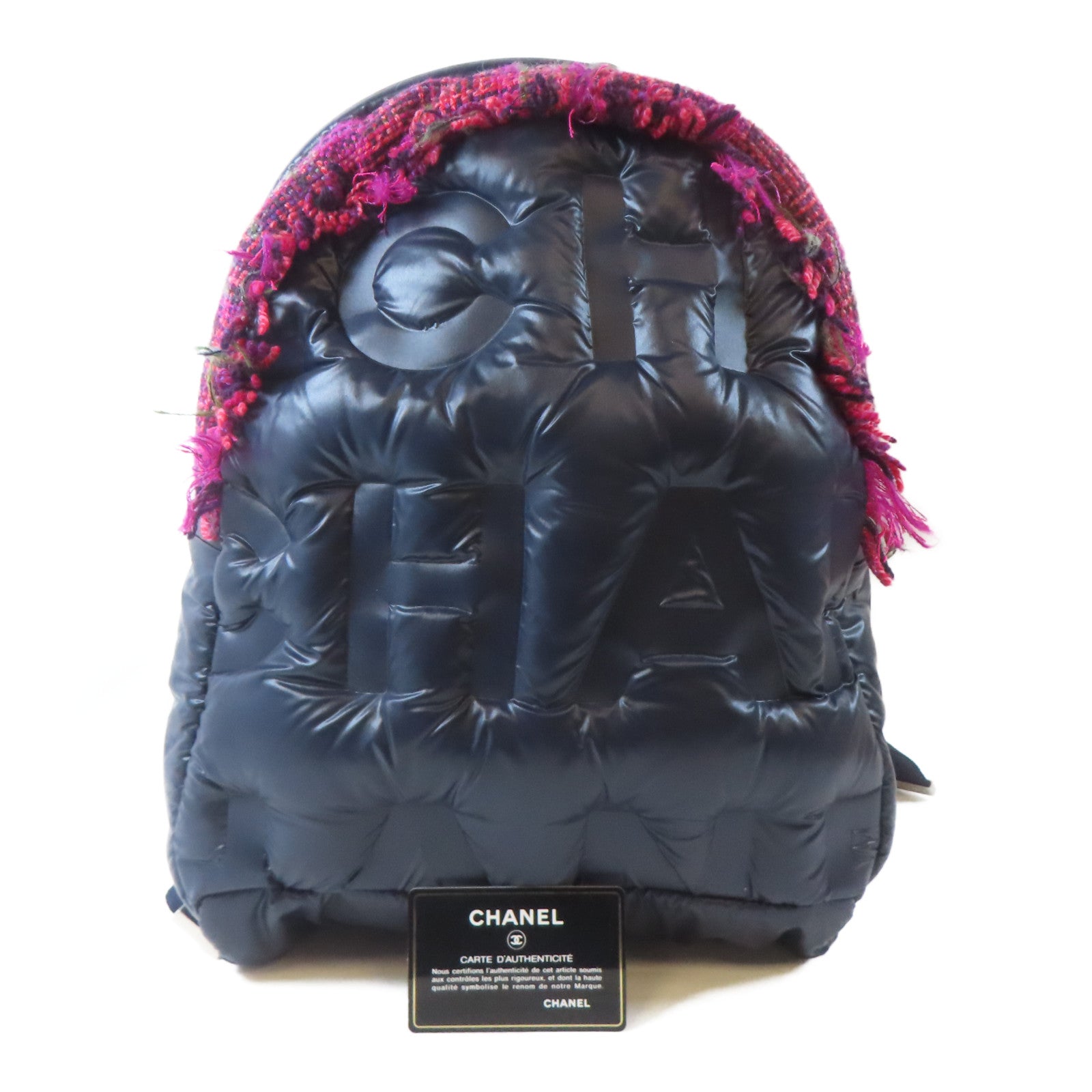 CHANEL 【激減優惠】尼龍/斜紋軟呢Backpack銀扣背包深藍色/粉紅色